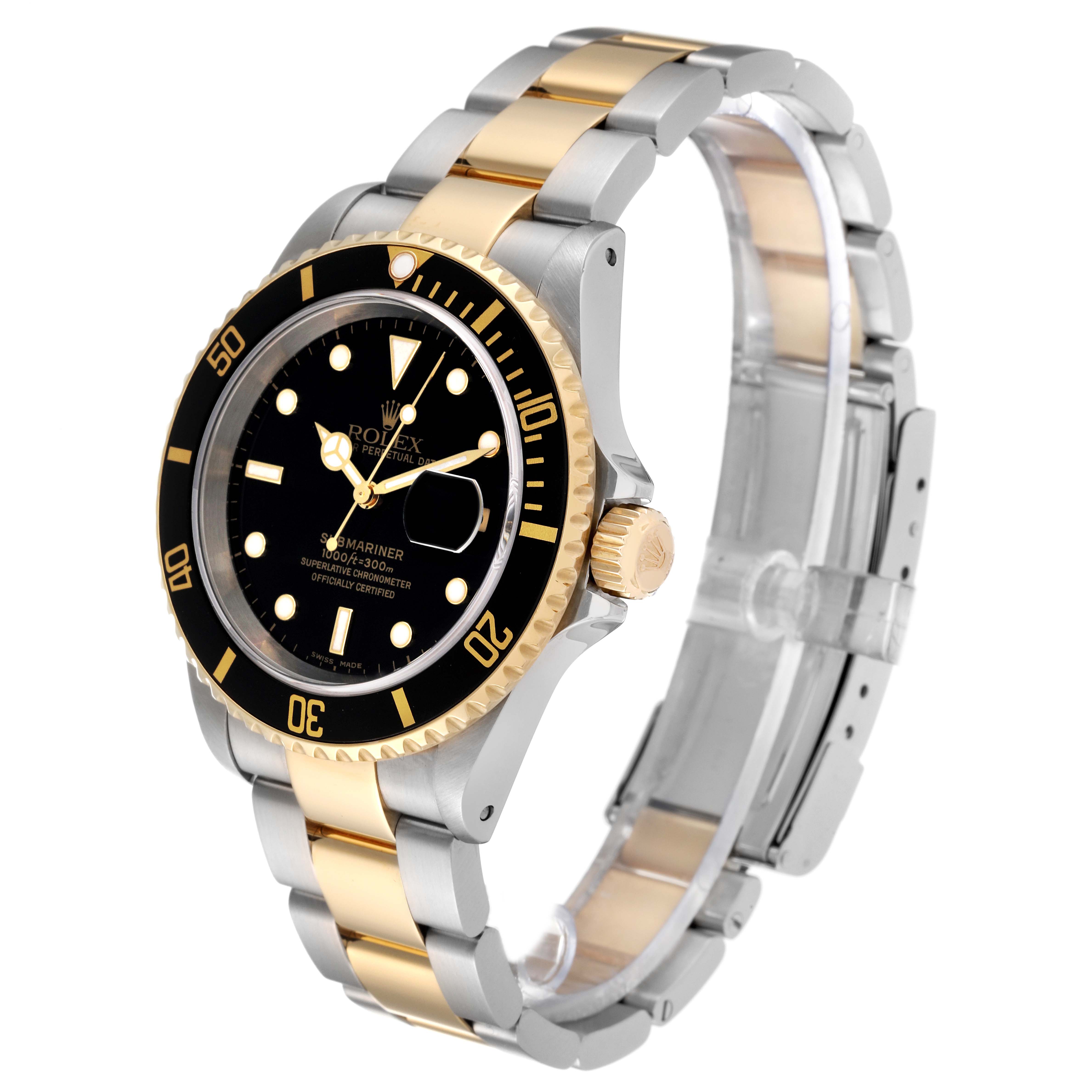 The Rolex Submariner 16613 Men
s Steel and Gold (two tone) Black Dial 16613 Men
s Steel and Gold (two tone) Black Dial watch is shown at a three-quarter angle, displaying its black dial, bezel, and two-tone bracelet.