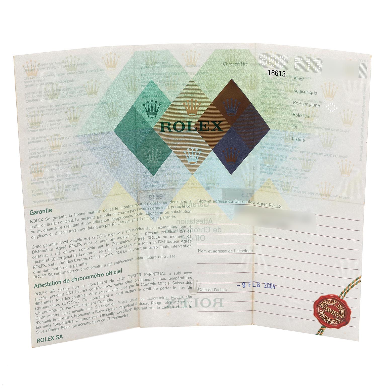 The image shows a folded Rolex Submariner 16613 Men's Steel and Gold (two tone) Silver Dial 16613 Men's Steel and Gold (two tone) Silver Dial warranty certificate with visible text and logos.