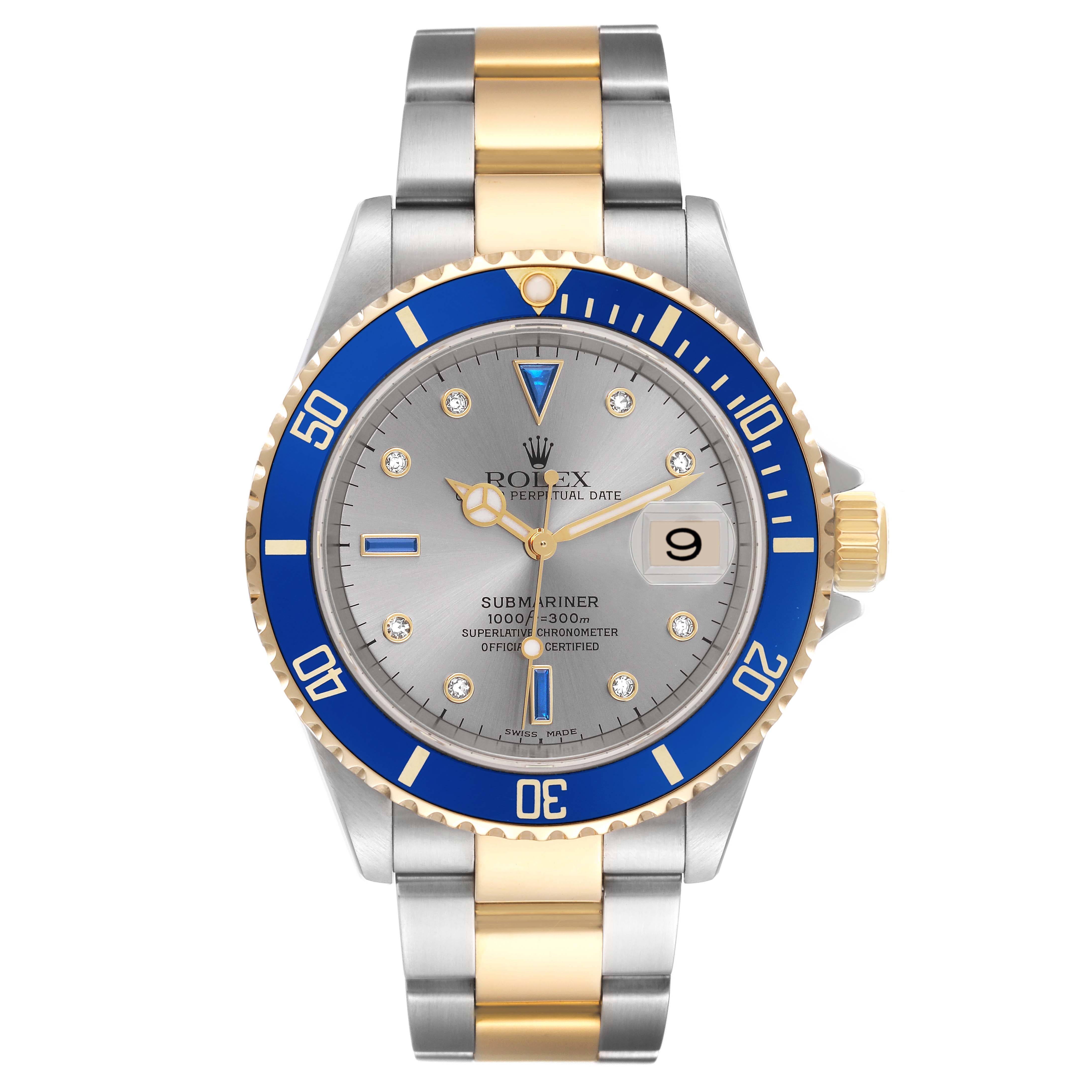 The Rolex Submariner 16613 Men's Steel and Gold (two tone) Silver Dial 16613 Men's Steel and Gold (two tone) Silver Dial watch is shown from a top view, highlighting the blue bezel, dial, and two-tone bracelet.