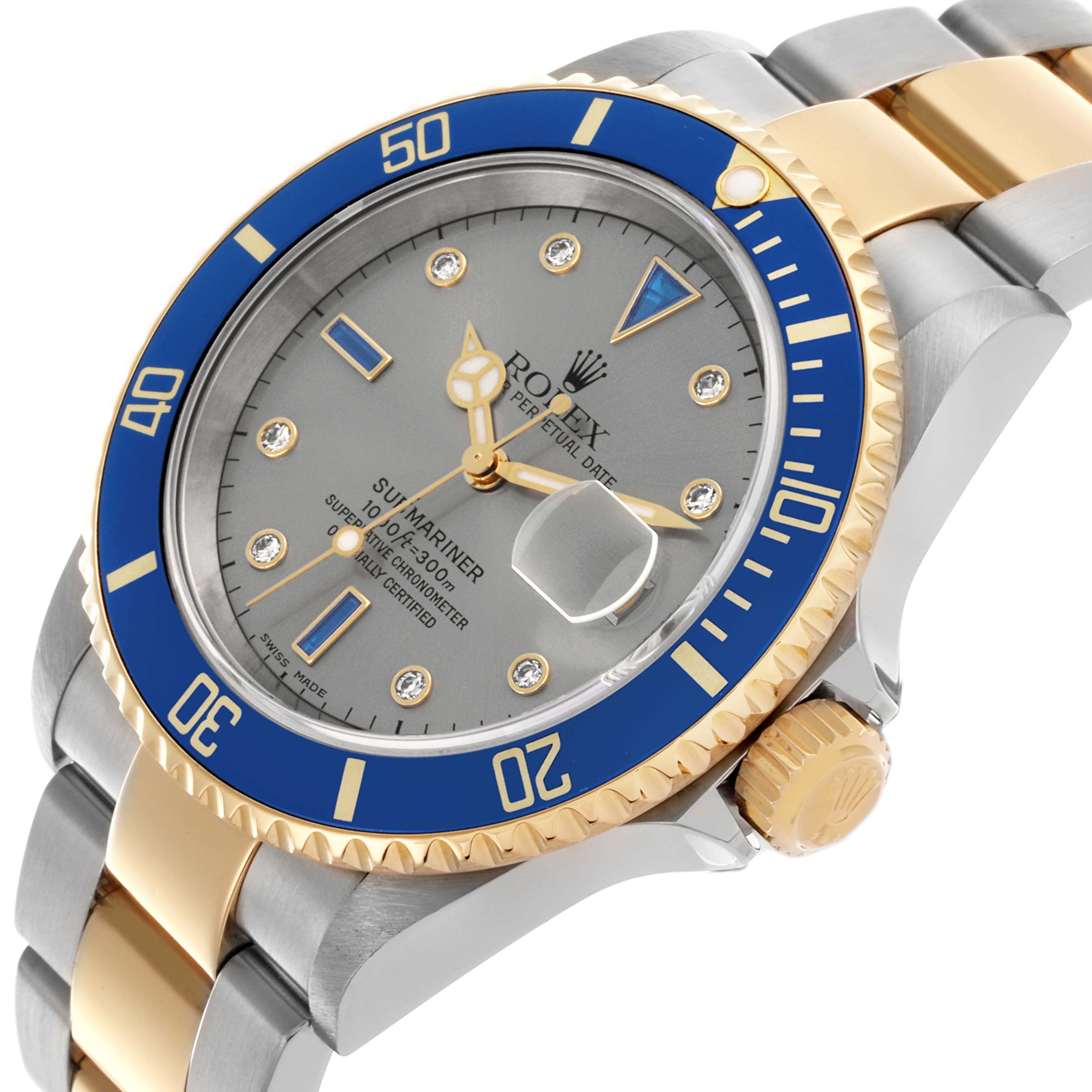 The image shows a Rolex Submariner 16613 Men's Steel and Gold (two tone) Silver Dial 16613 Men's Steel and Gold (two tone) Silver Dial at an angled side view, highlighting the blue bezel, dial, and two-tone bracelet.