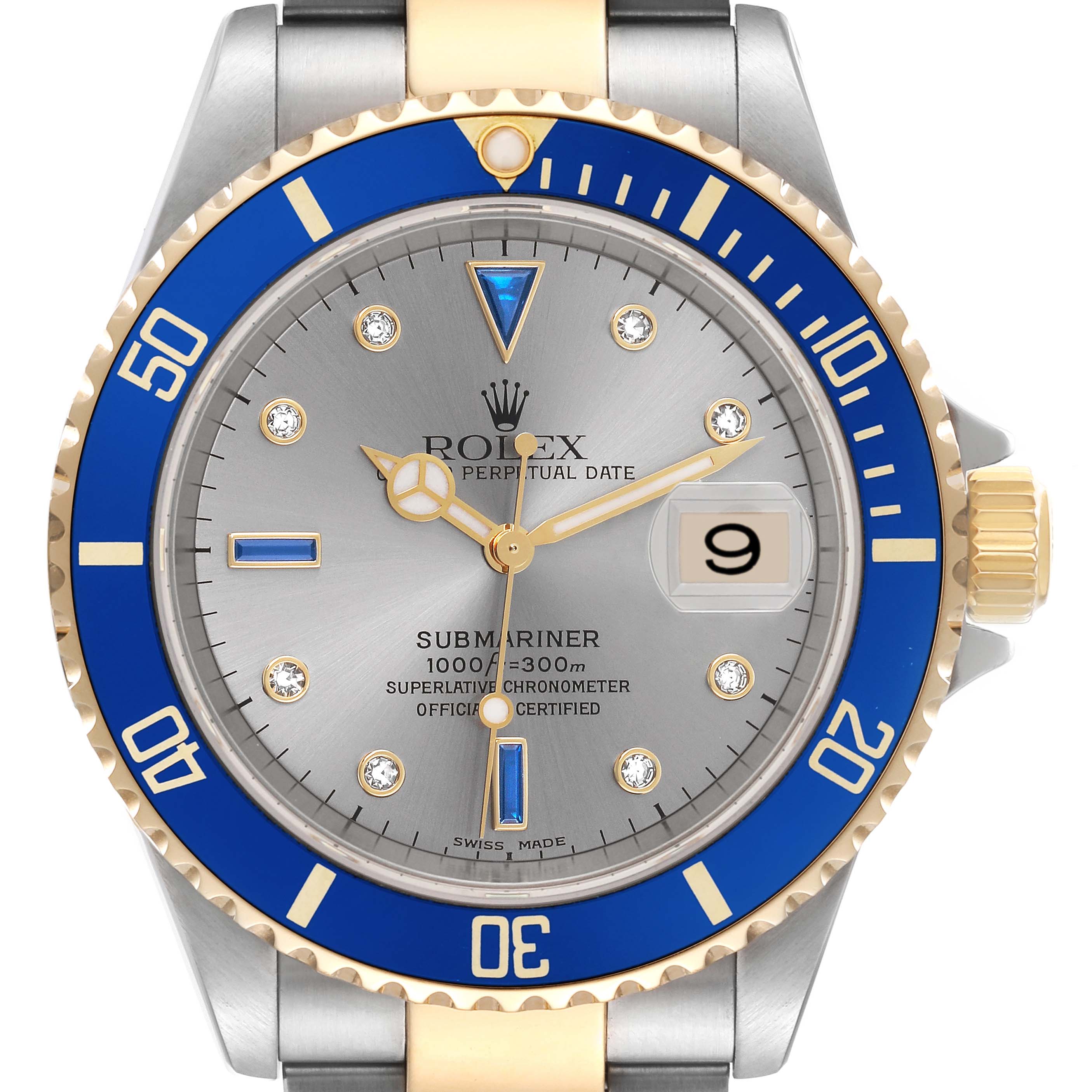 The Rolex Submariner 16613 Men's Steel and Gold (two tone) Silver Dial 16613 Men's Steel and Gold (two tone) Silver Dial watch is shown from the front, highlighting the blue bezel, grey dial, date window, and two-tone bracelet.