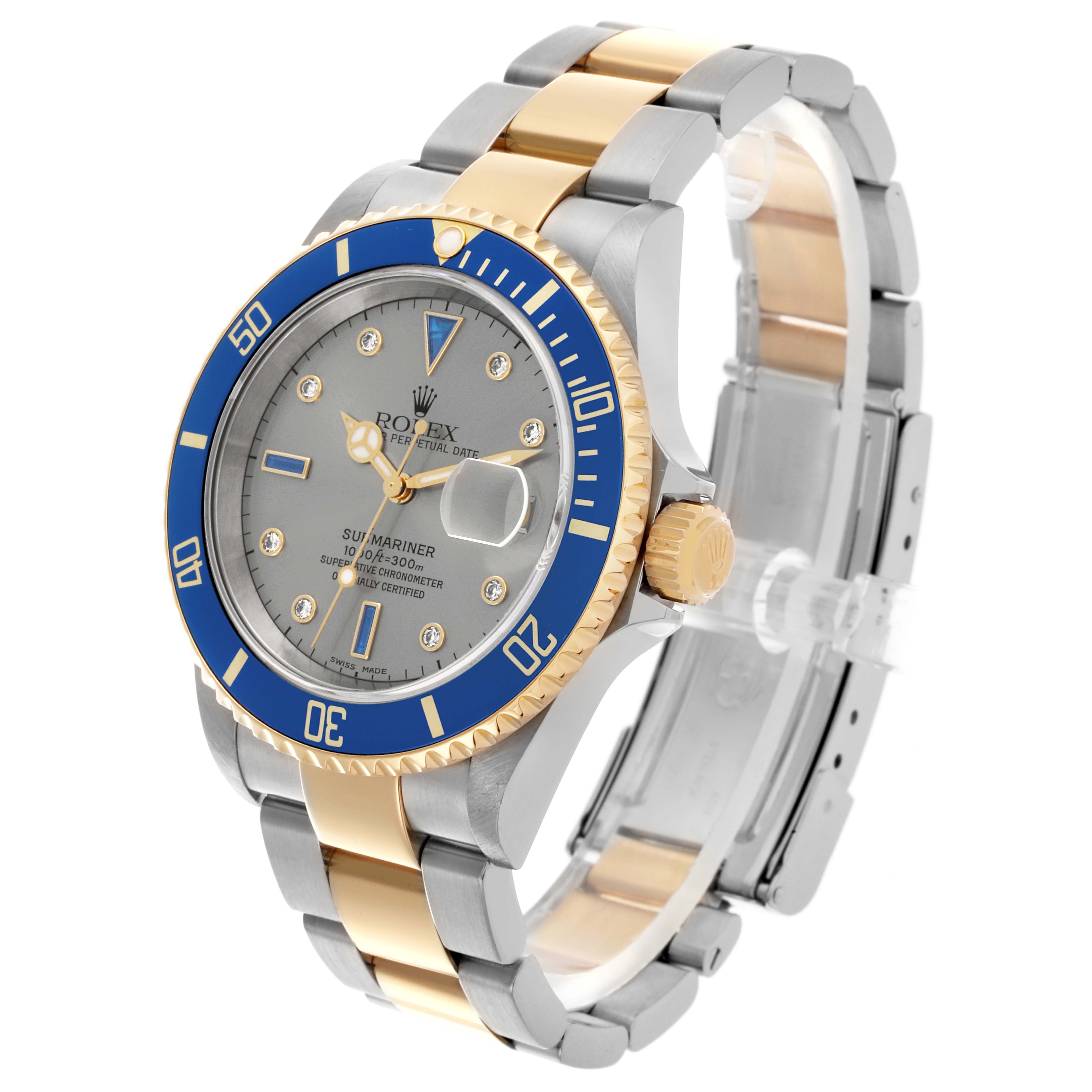 The Rolex Submariner 16613 Men's Steel and Gold (two tone) Silver Dial 16613 Men's Steel and Gold (two tone) Silver Dial is shown at a three-quarter angle, displaying the face, bezel, and part of the bracelet.