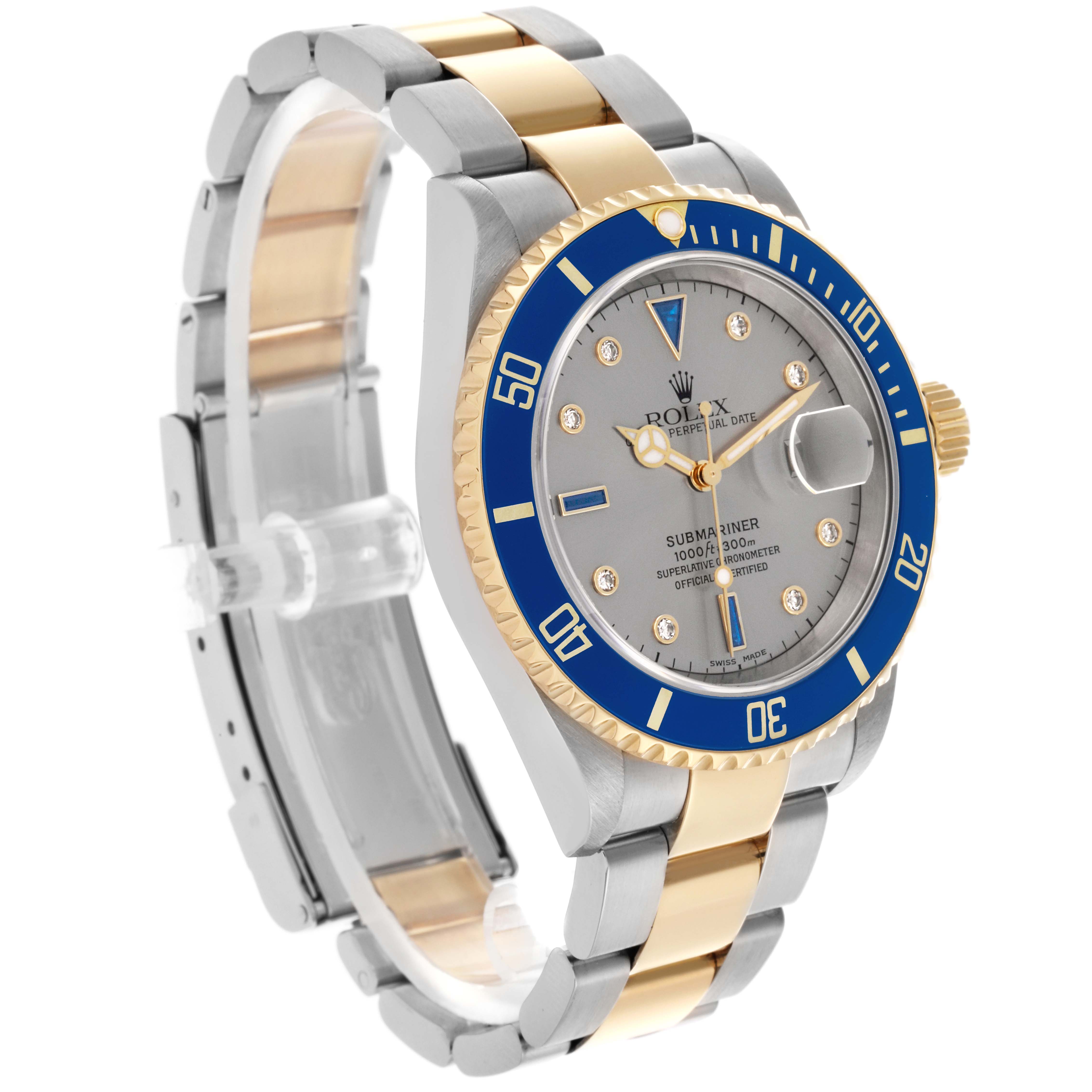 The Rolex Submariner 16613 Men's Steel and Gold (two tone) Silver Dial 16613 Men's Steel and Gold (two tone) Silver Dial watch is shown at an angle highlighting the face, bezel, and part of the bracelet.