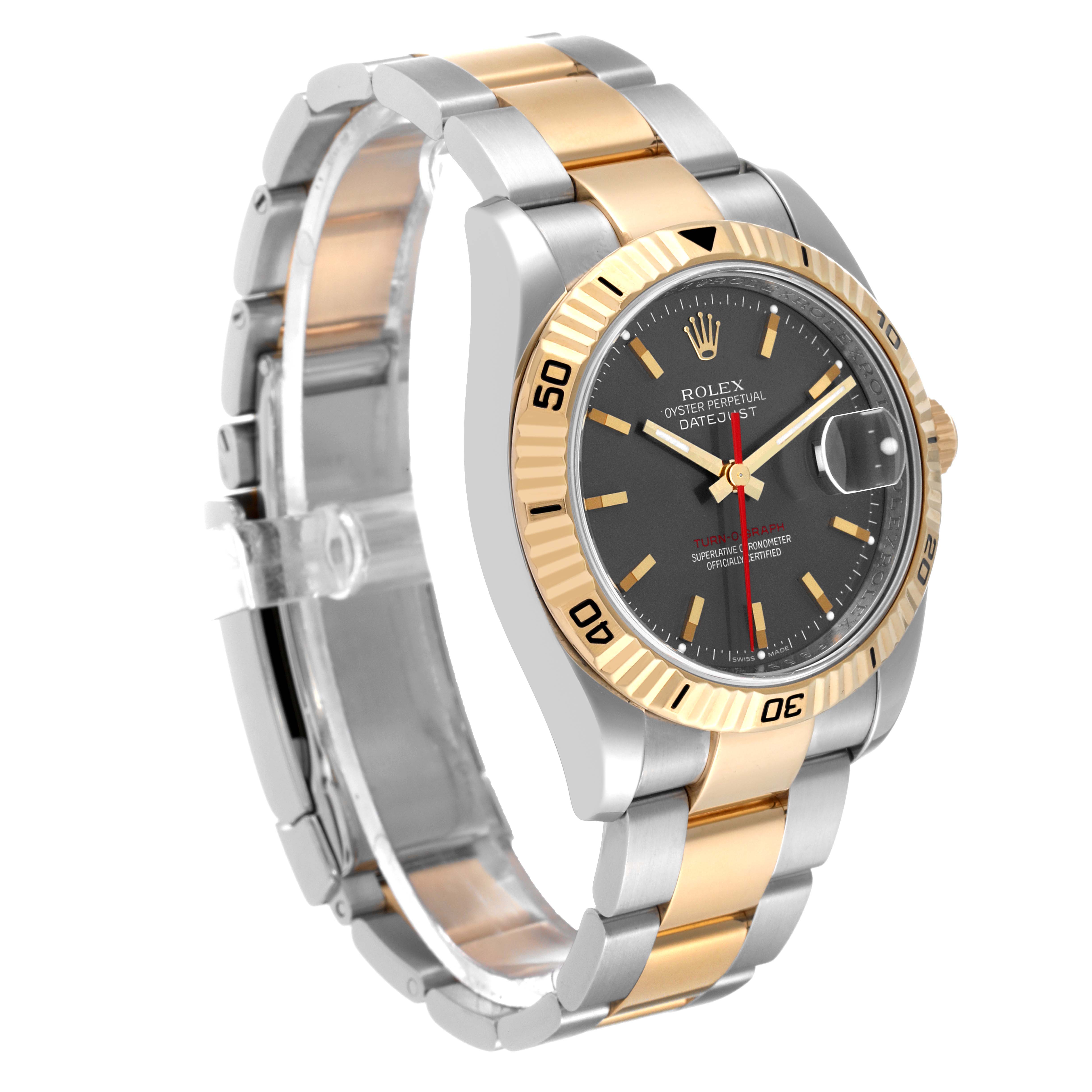 The Rolex Turn-o-Graph 116263 Men's Steel and Gold (two tone) Grey Dial 116263 Men's Steel and Gold (two tone) Grey Dial watch is shown at a slight angle, highlighting its two-tone bracelet, black dial, and gold bezel with numeric markings.