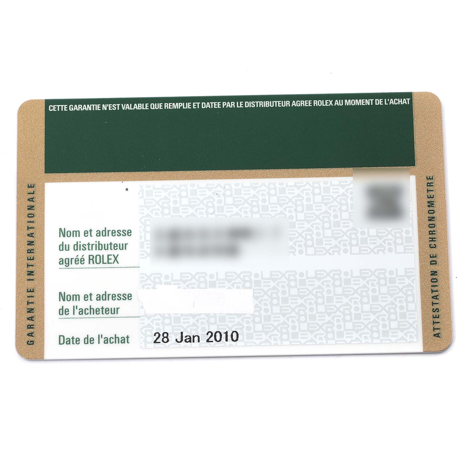 The image shows a warranty card for the Rolex Turn-o-Graph 116263 Men's Steel and Gold (two tone) Grey Dial 116263 Men's Steel and Gold (two tone) Grey Dial, viewed from the front.