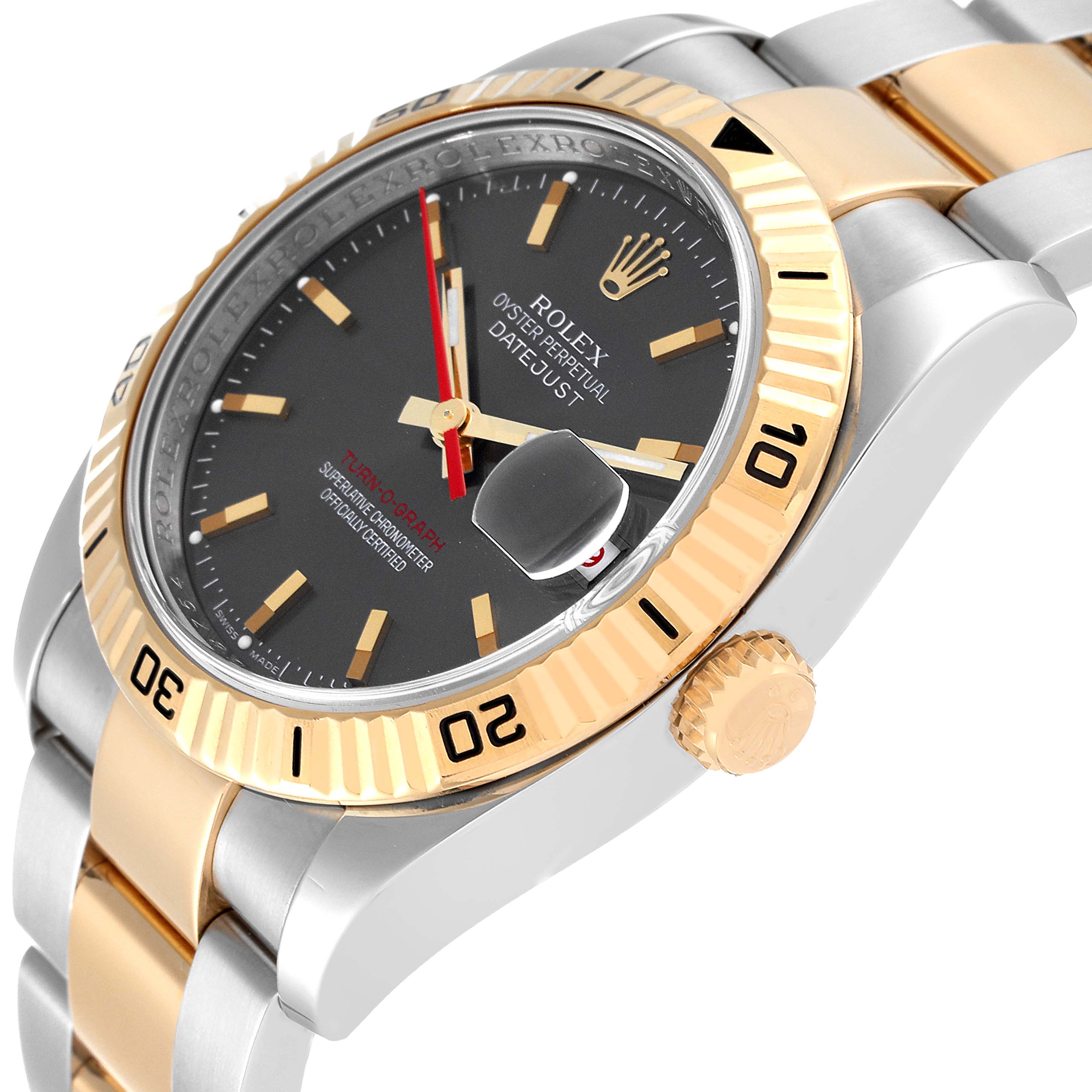 The image shows a close-up, angled view of a Rolex Turn-o-Graph 116263 Men's Steel and Gold (two tone) Grey Dial 116263 Men's Steel and Gold (two tone) Grey Dial watch, highlighting the bezel, crown, and part of the bracelet.