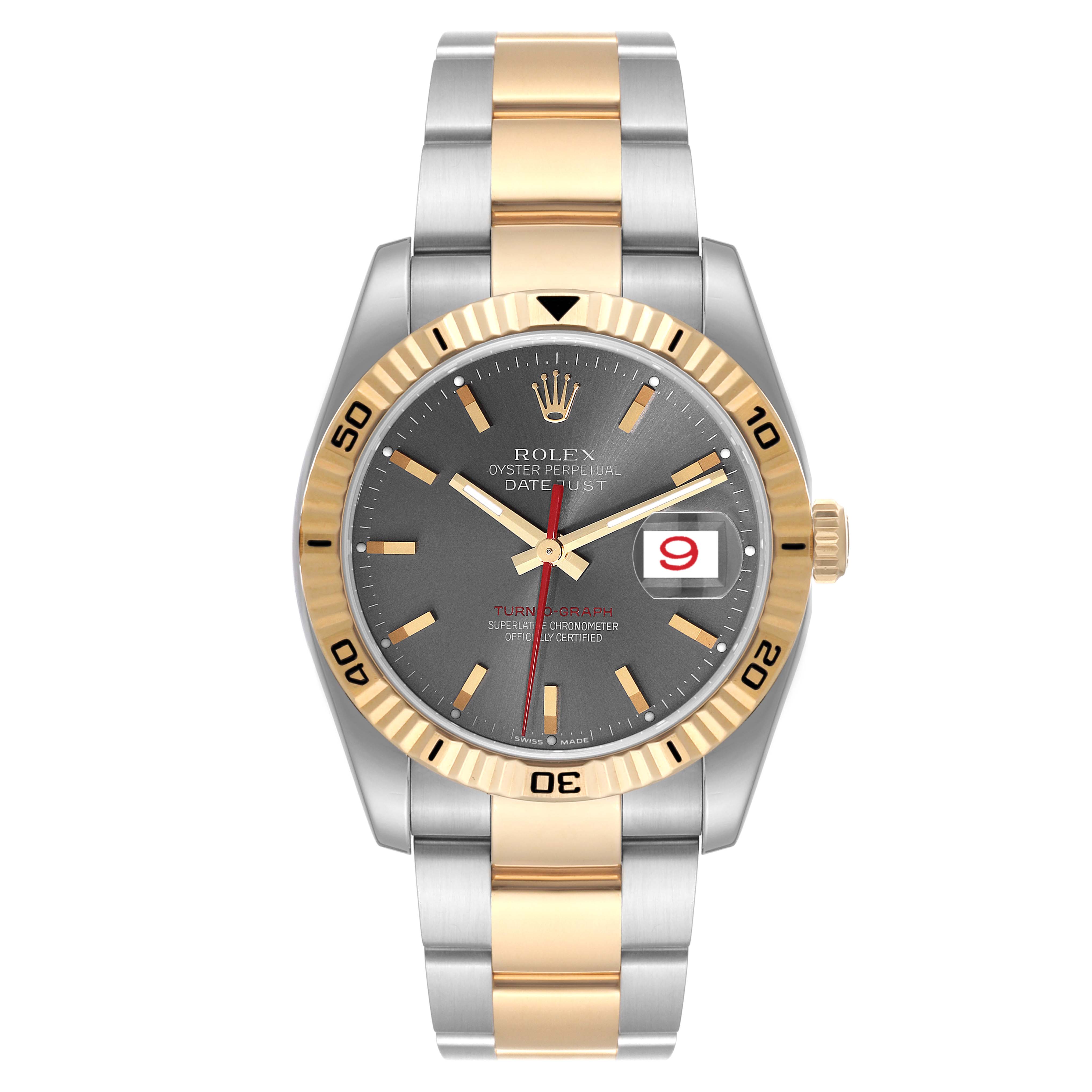 The image shows a front view of the Rolex Turn-o-Graph 116263 Men's Steel and Gold (two tone) Grey Dial 116263 Men's Steel and Gold (two tone) Grey Dial watch, highlighting its dial, bezel, and bracelet.