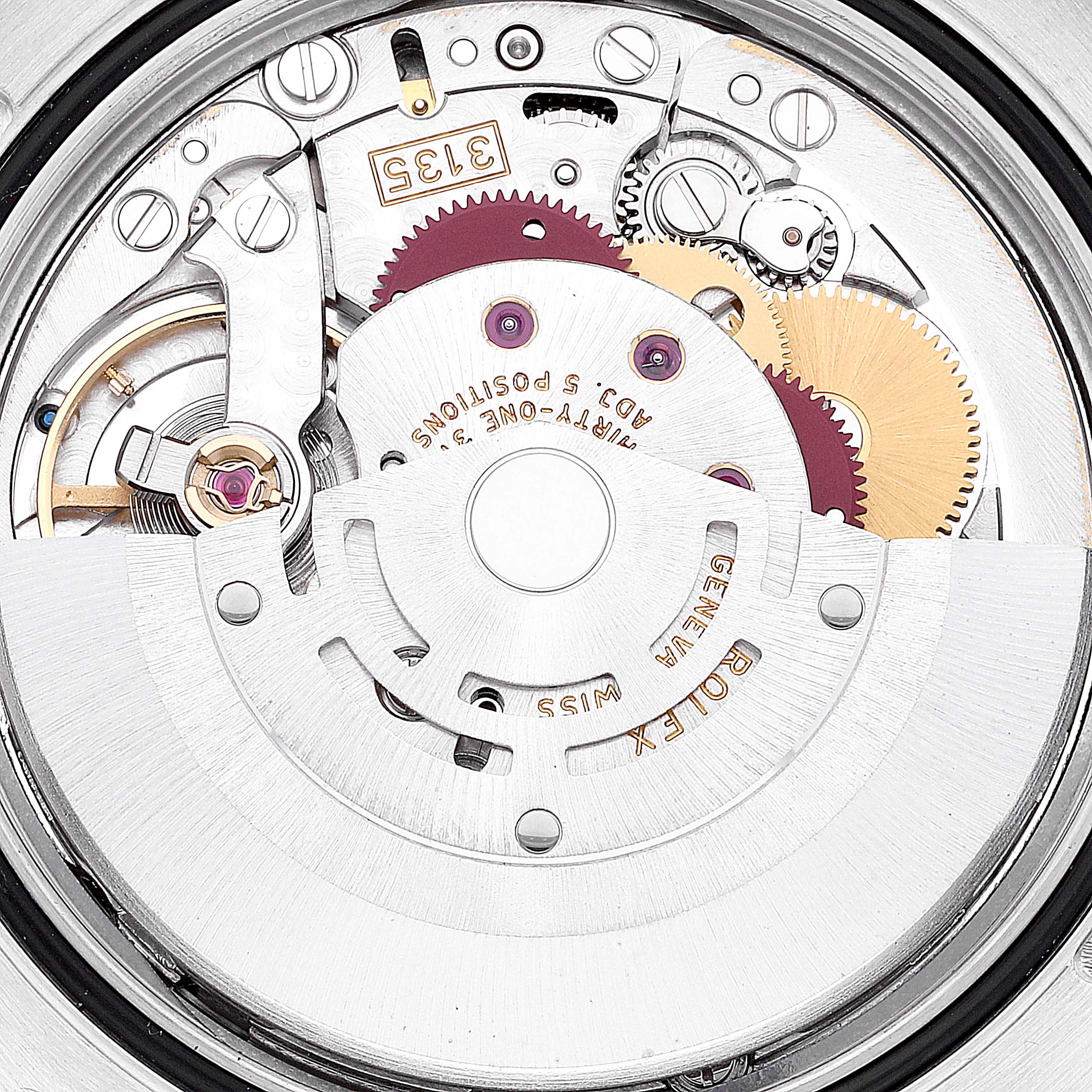 This image shows a close-up of the internal mechanism and movement of the Rolex Turn-o-Graph 116263 Men's Steel and Gold (two tone) Grey Dial 116263 Men's Steel and Gold (two tone) Grey Dial model watch.