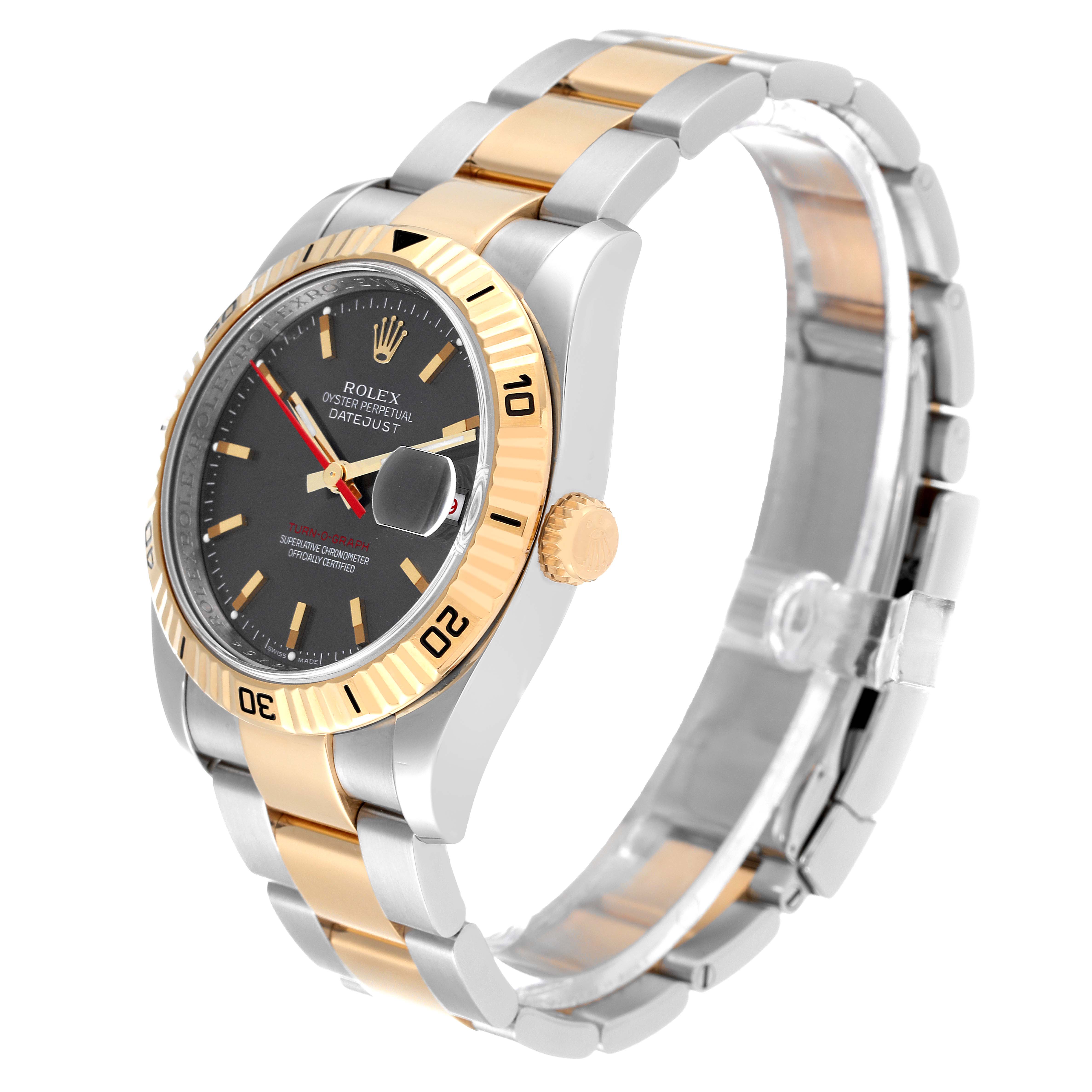 The image shows a three-quarter angle view of a Rolex Turn-o-Graph 116263 Men's Steel and Gold (two tone) Grey Dial 116263 Men's Steel and Gold (two tone) Grey Dial watch, highlighting the bezel, dial, crown, and bracelet.