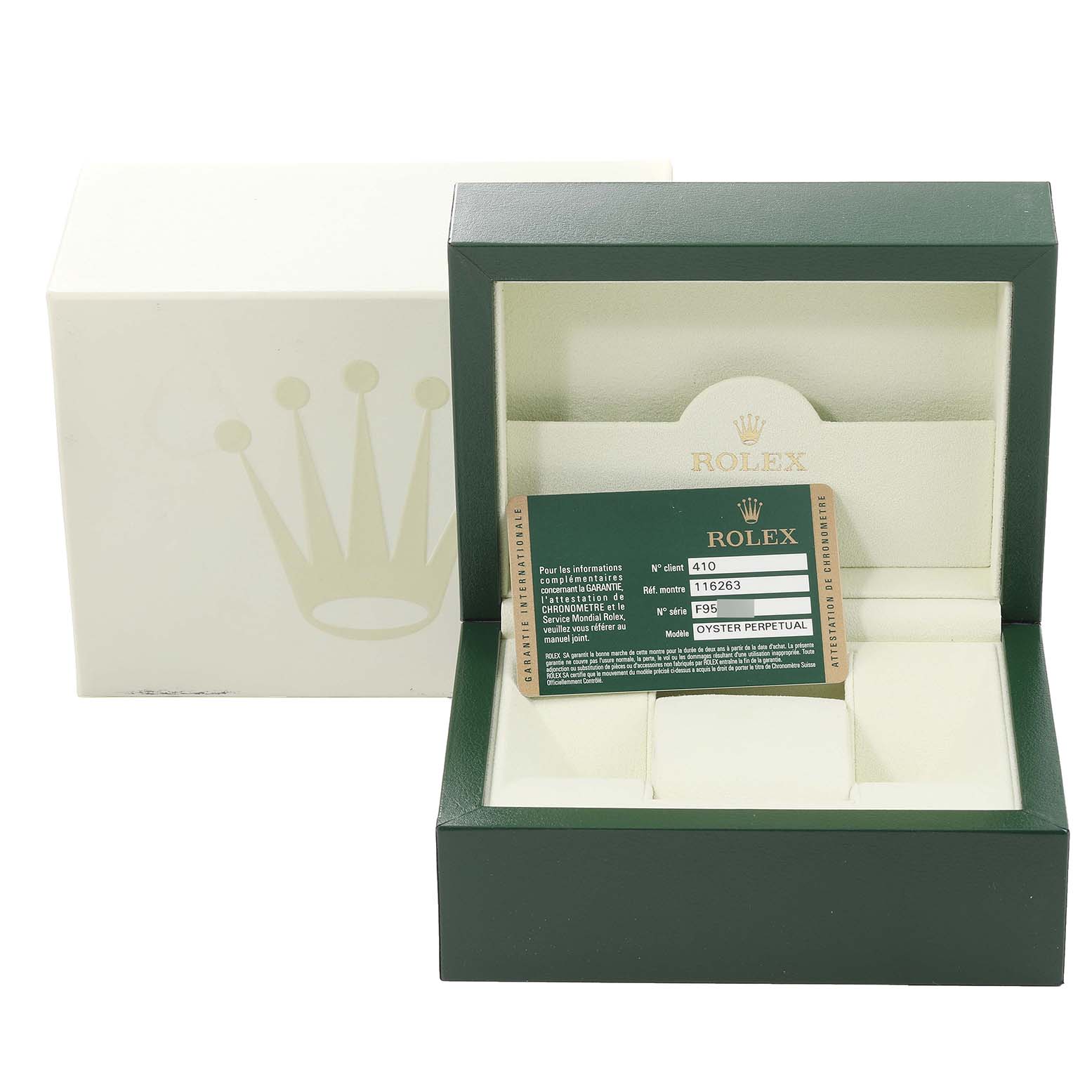 The image shows the packaging box for the Rolex Turn-o-Graph 116263 Men's Steel and Gold (two tone) Grey Dial 116263 Men's Steel and Gold (two tone) Grey Dial model, including an authenticity card.