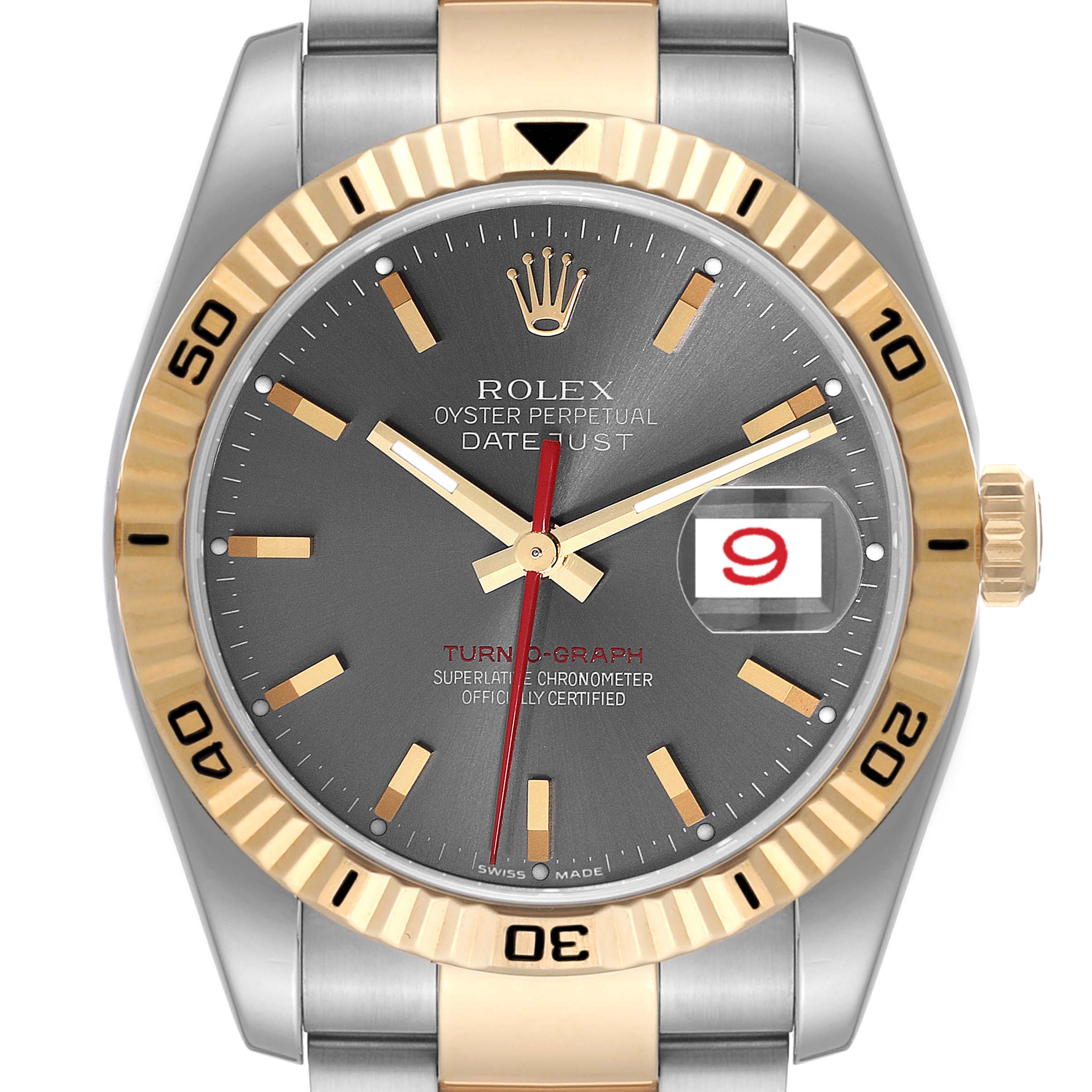 The image shows a front view of the Rolex Turn-o-Graph 116263 Men's Steel and Gold (two tone) Grey Dial 116263 Men's Steel and Gold (two tone) Grey Dial watch, highlighting the bezel, dial, hands, and date window.