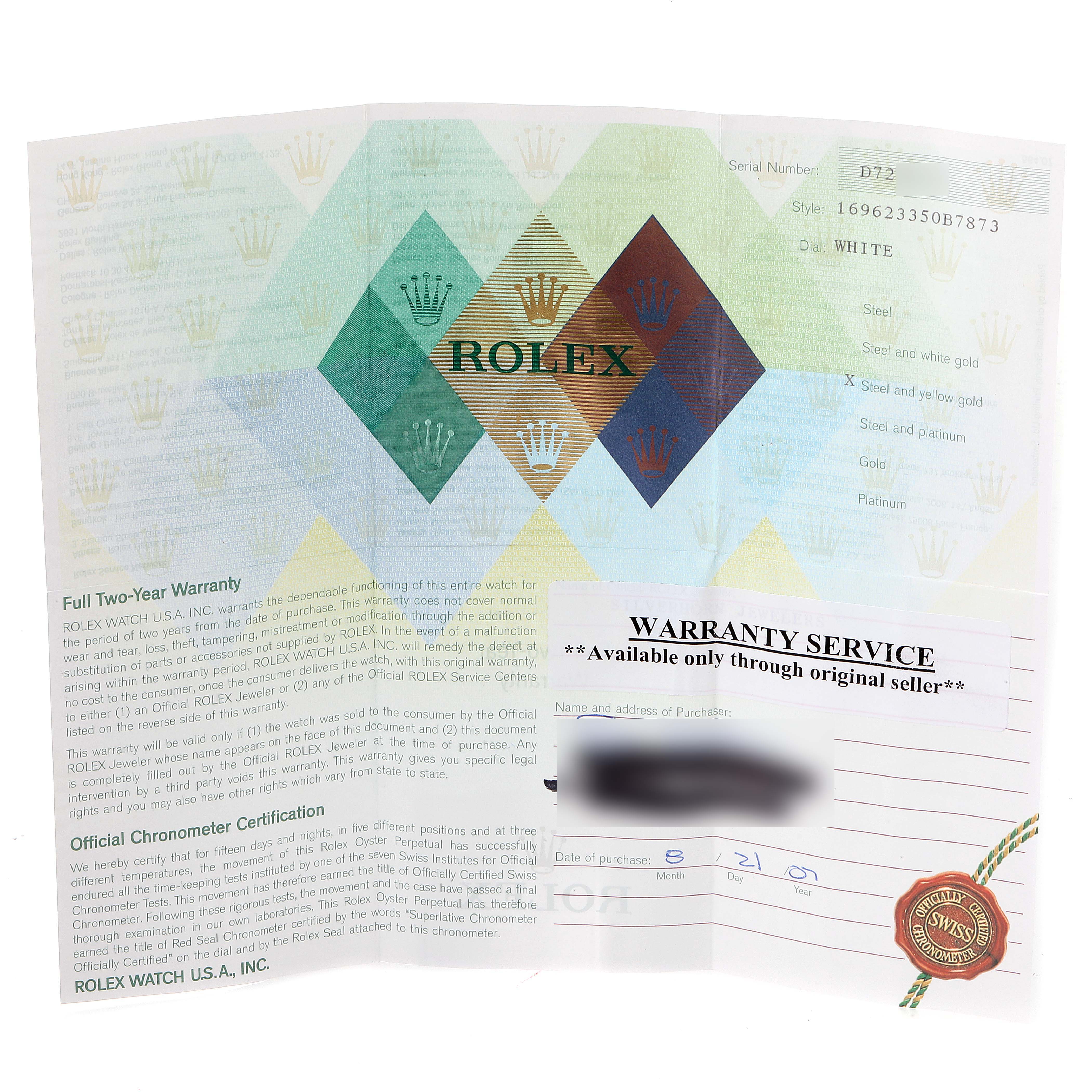 The image shows a Rolex Yacht-Master 169623 Women's Steel and Gold (two tone) White Dial 169623 Women's Steel and Gold (two tone) White Dial warranty certificate with brand-specific details and official documentation.