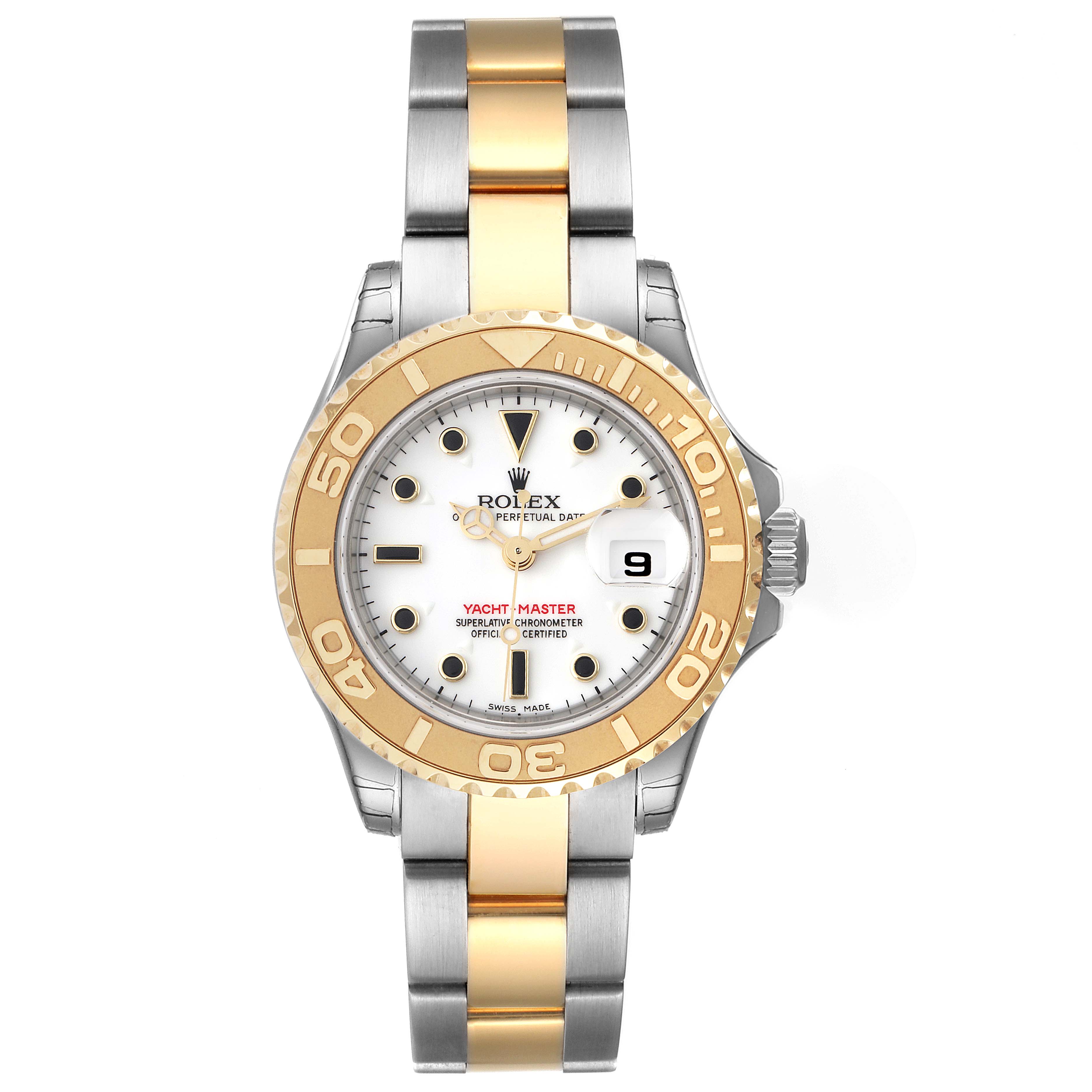 This Rolex Yacht-Master 169623 Women's Steel and Gold (two tone) White Dial 169623 Women's Steel and Gold (two tone) White Dial watch is shown from a top-down angle, highlighting its two-tone bracelet, bezel, and dial.