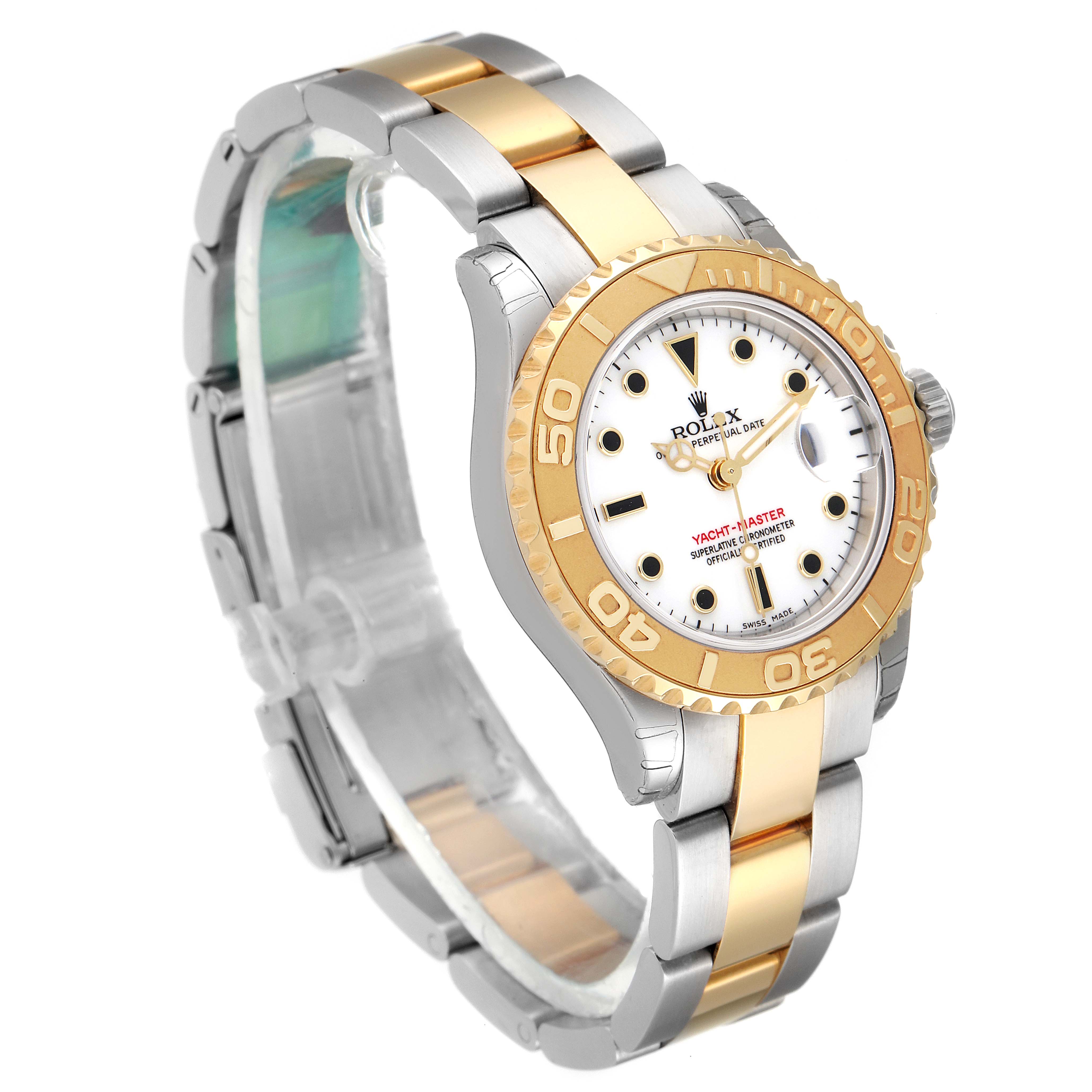 The Rolex Yacht-Master 169623 Women's Steel and Gold (two tone) White Dial 169623 Women's Steel and Gold (two tone) White Dial watch is shown at an angled view featuring its gold and silver band, and white dial with gold bezel.