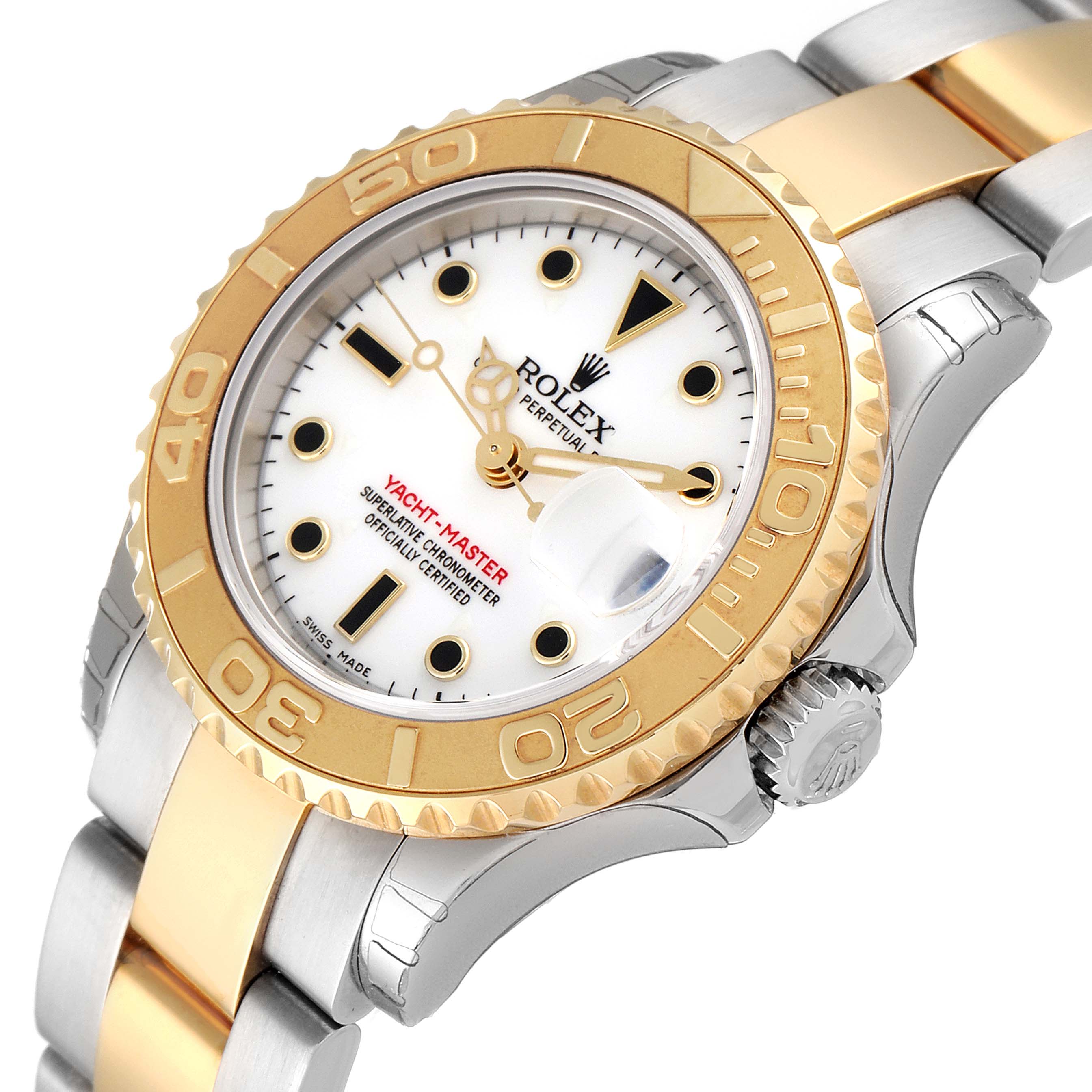 This image shows a Rolex Yacht-Master 169623 Women's Steel and Gold (two tone) White Dial 169623 Women's Steel and Gold (two tone) White Dial watch at a slight angle, highlighting its bezel, dial, crown, and two-tone bracelet.