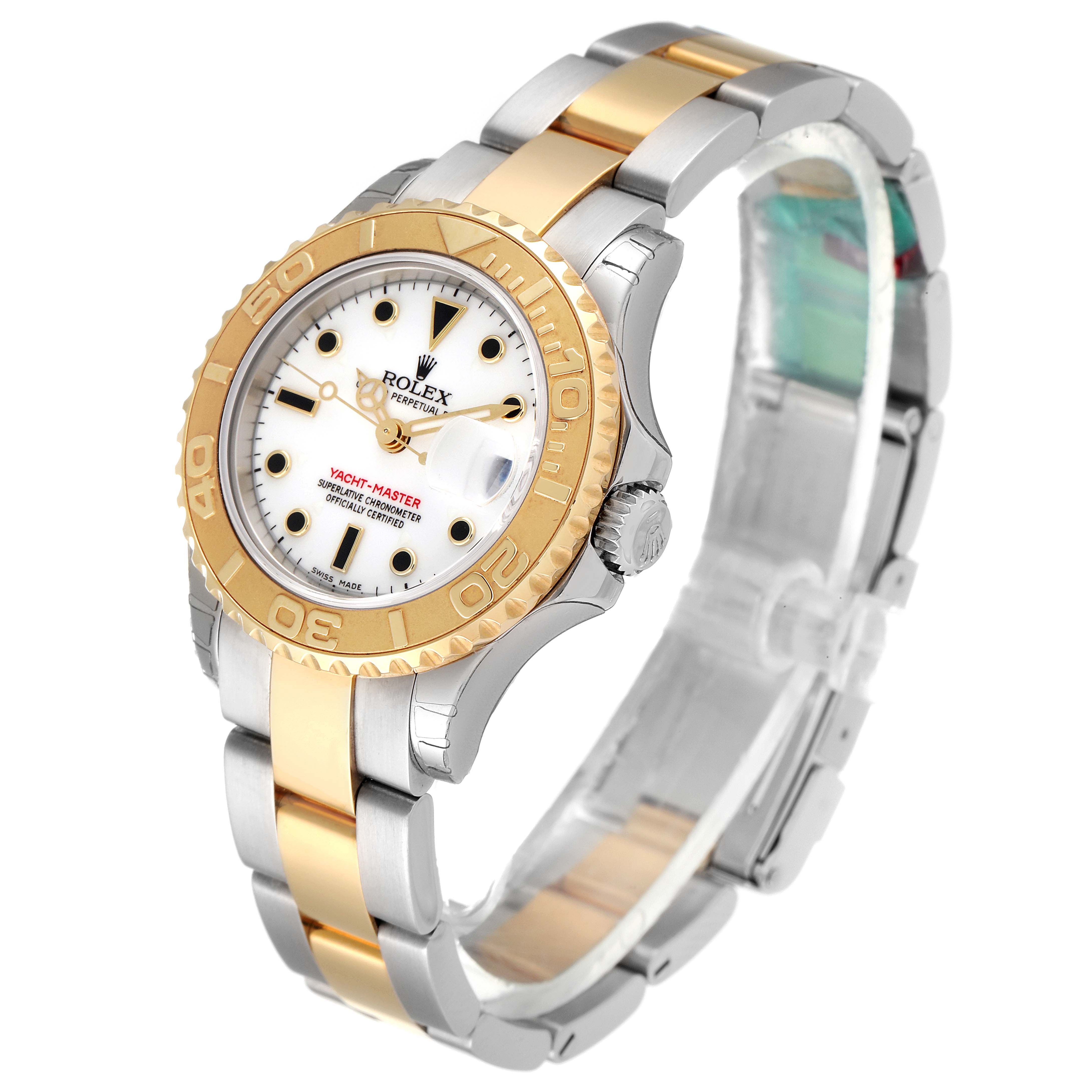 This image shows a Rolex Yacht-Master 169623 Women's Steel and Gold (two tone) White Dial 169623 Women's Steel and Gold (two tone) White Dial watch at an oblique angle highlighting the gold and silver casing, bezel, crown, and bracelet.