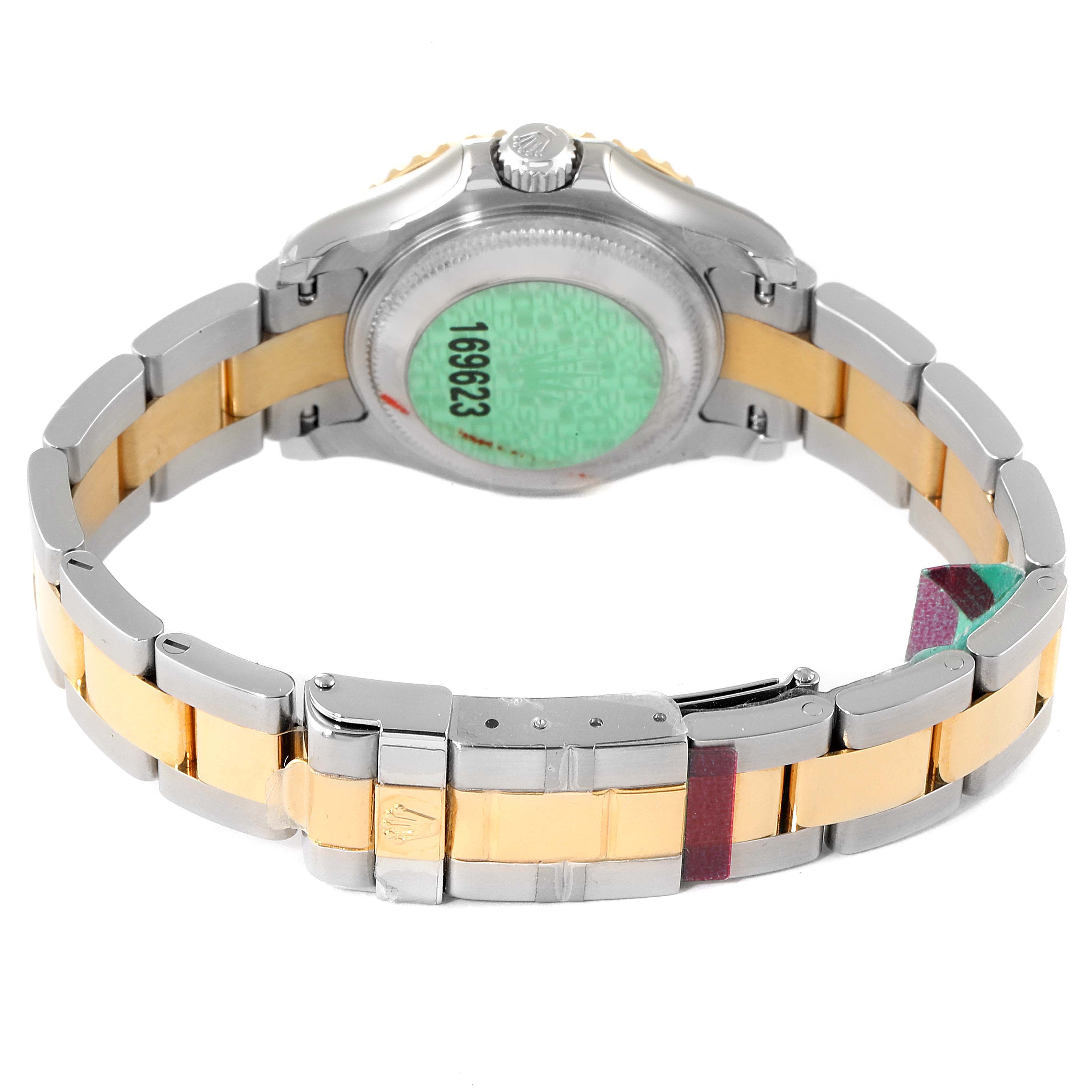 This image shows the back view of the Rolex Yacht-Master 169623 Women's Steel and Gold (two tone) White Dial 169623 Women's Steel and Gold (two tone) White Dial watch, highlighting the bracelet and case back.