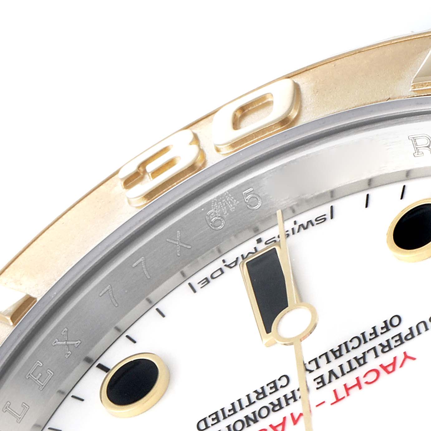 The image shows a close-up of the dial and bezel of a Rolex Yacht-Master 16623 Men
s Steel and Gold (two tone) White Dial 16623 Men
s Steel and Gold (two tone) White Dial watch.