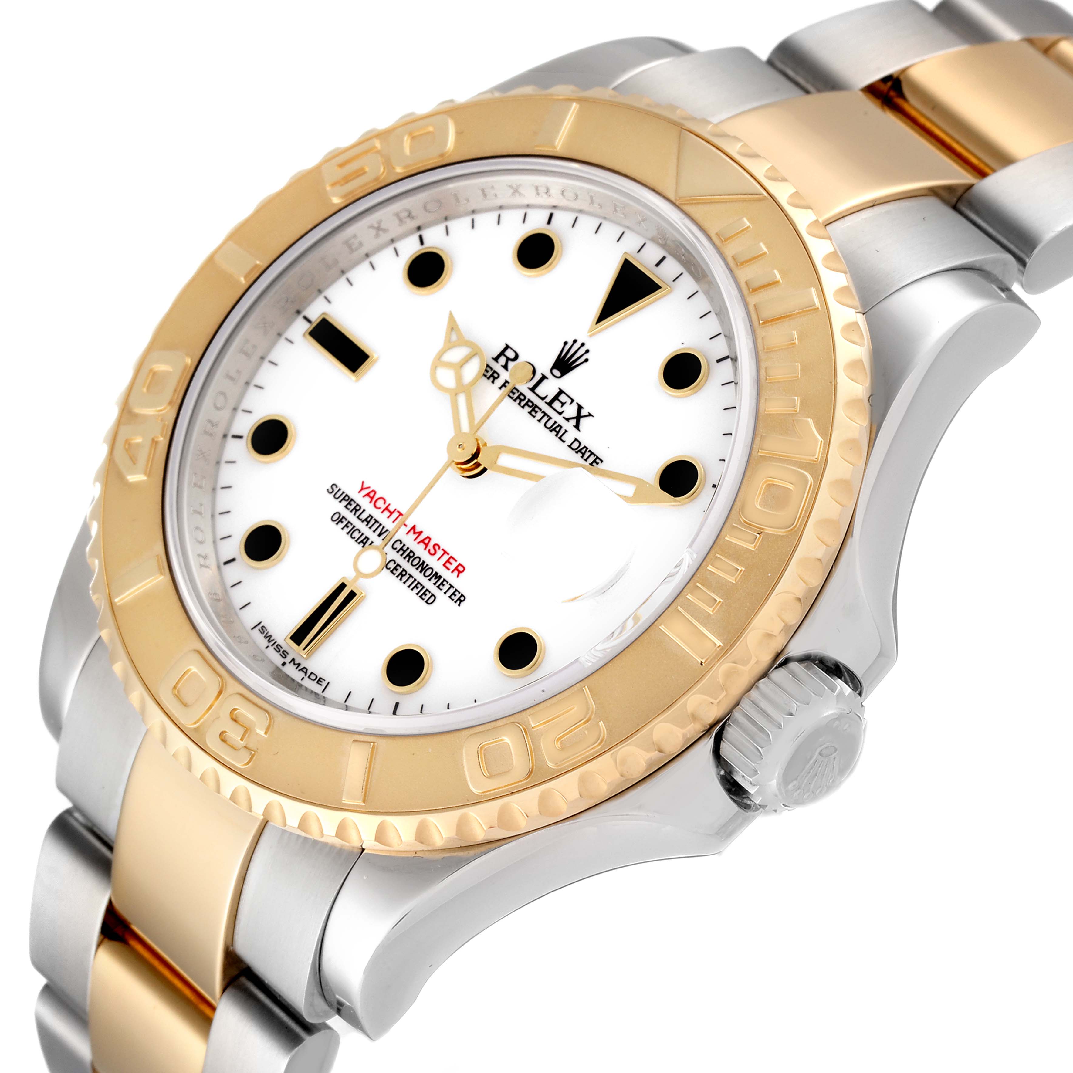 The image shows a close-up angled view of a Rolex Yacht-Master 16623 Men
s Steel and Gold (two tone) White Dial 16623 Men
s Steel and Gold (two tone) White Dial watch, highlighting the bezel, dial, and part of the bracelet.