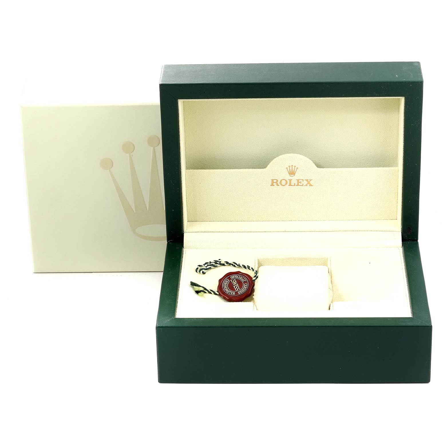 The image displays an open Rolex Yacht-Master 16623 Men
s Steel and Gold (two tone) White Dial 16623 Men
s Steel and Gold (two tone) White Dial watch box, revealing the interior and a green and white tag.