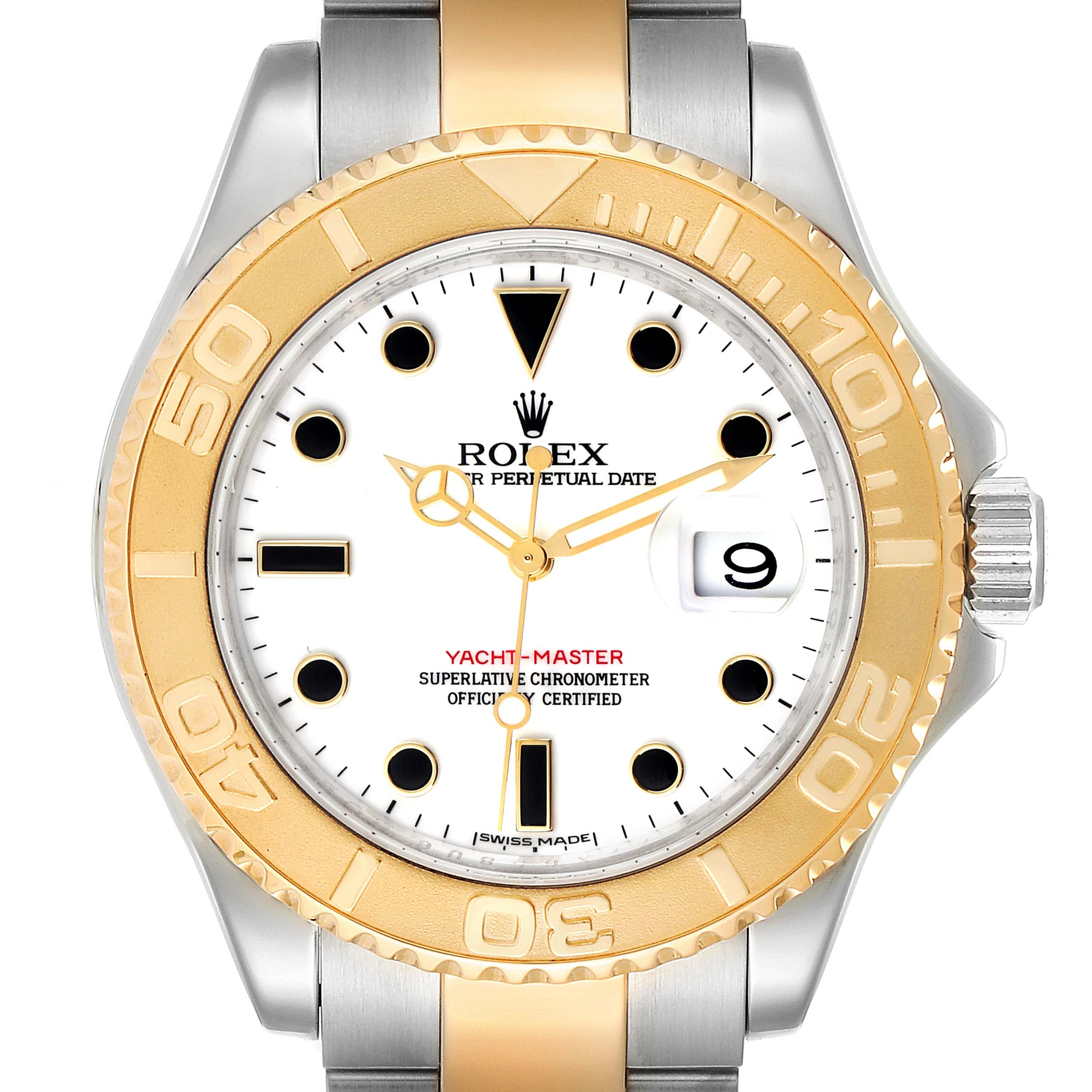 The image shows a front view of the Rolex Yacht-Master 16623 Men
s Steel and Gold (two tone) White Dial 16623 Men
s Steel and Gold (two tone) White Dial watch, displaying the dial, bezel, and part of the strap.
