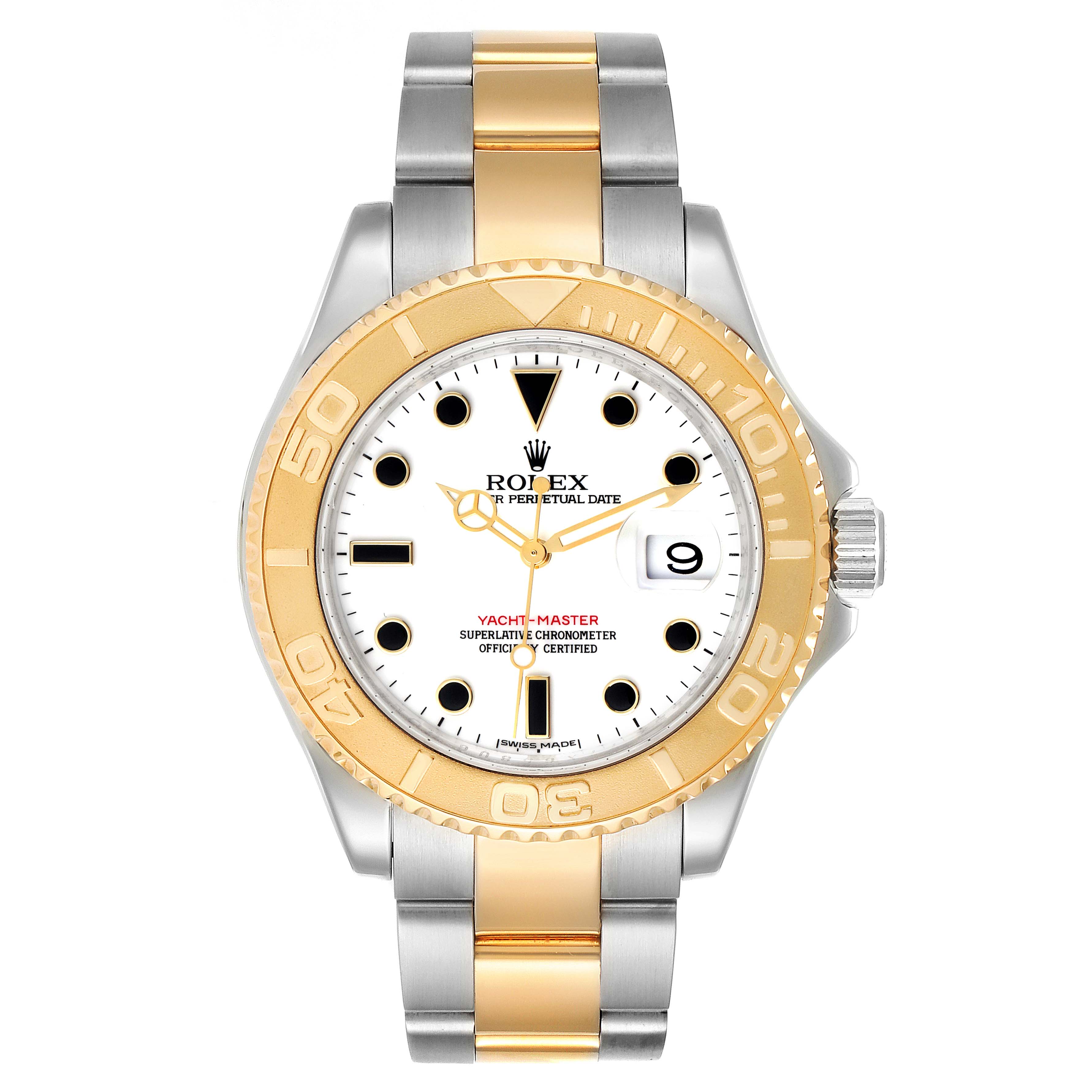 The image shows a front view of the Rolex Yacht-Master 16623 Men
s Steel and Gold (two tone) White Dial 16623 Men
s Steel and Gold (two tone) White Dial watch, highlighting its dial, bezel, and two-tone bracelet.