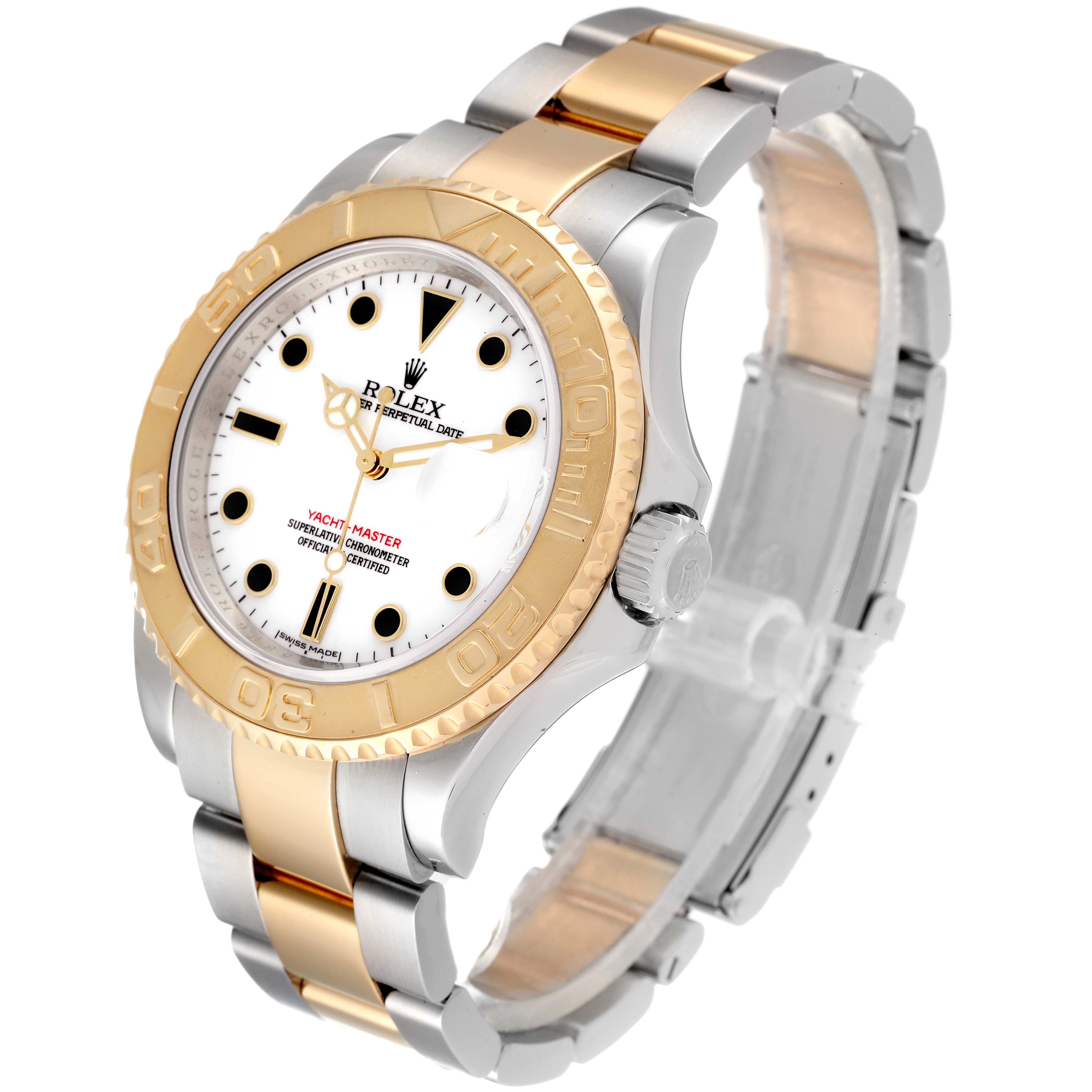 This image shows a Rolex Yacht-Master 16623 Men
s Steel and Gold (two tone) White Dial 16623 Men
s Steel and Gold (two tone) White Dial watch angled to display its face, bezel, and part of the bracelet.