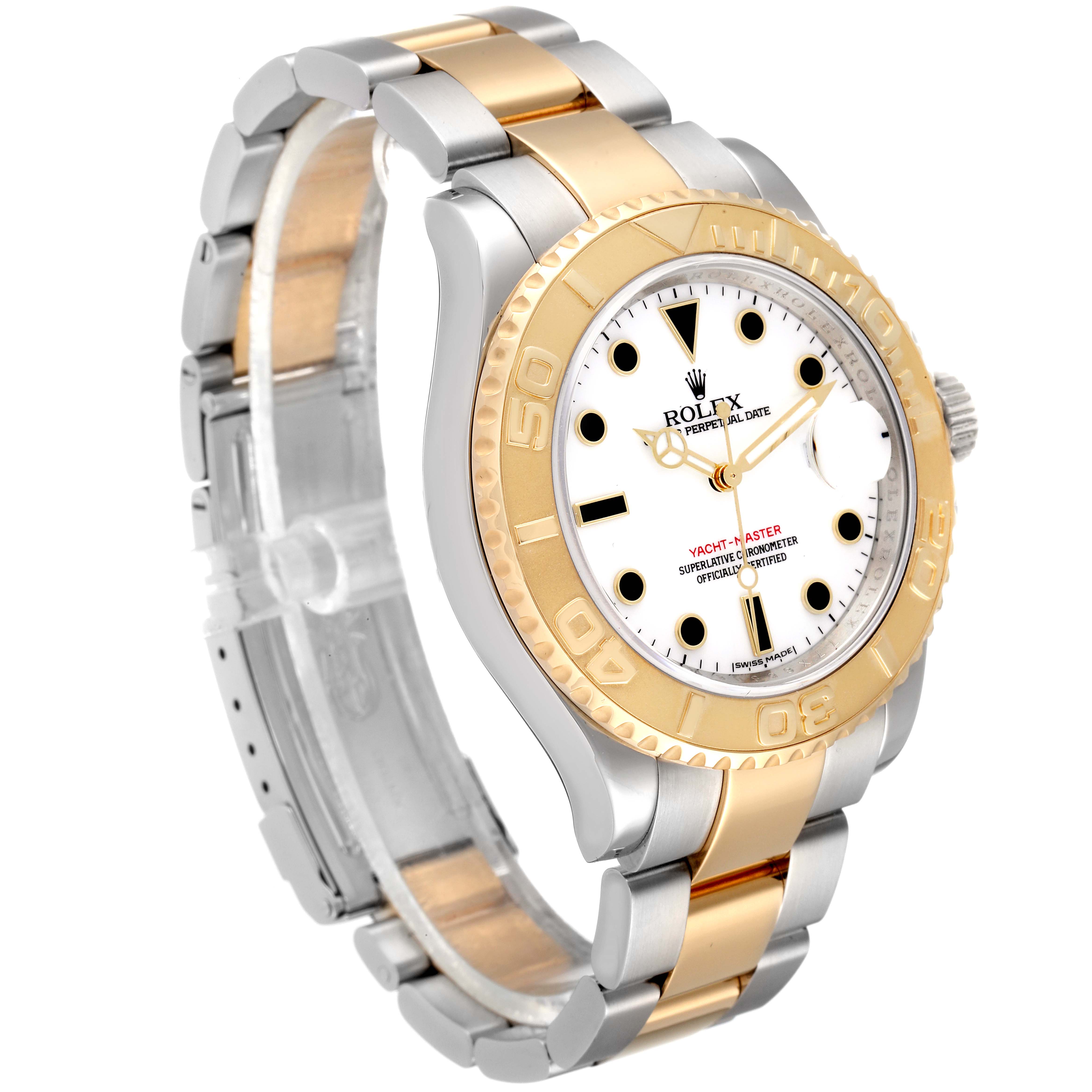The image shows a side angle of a Rolex Yacht-Master 16623 Men
s Steel and Gold (two tone) White Dial 16623 Men
s Steel and Gold (two tone) White Dial watch, highlighting its gold bezel, white dial, and two-tone metal bracelet.
