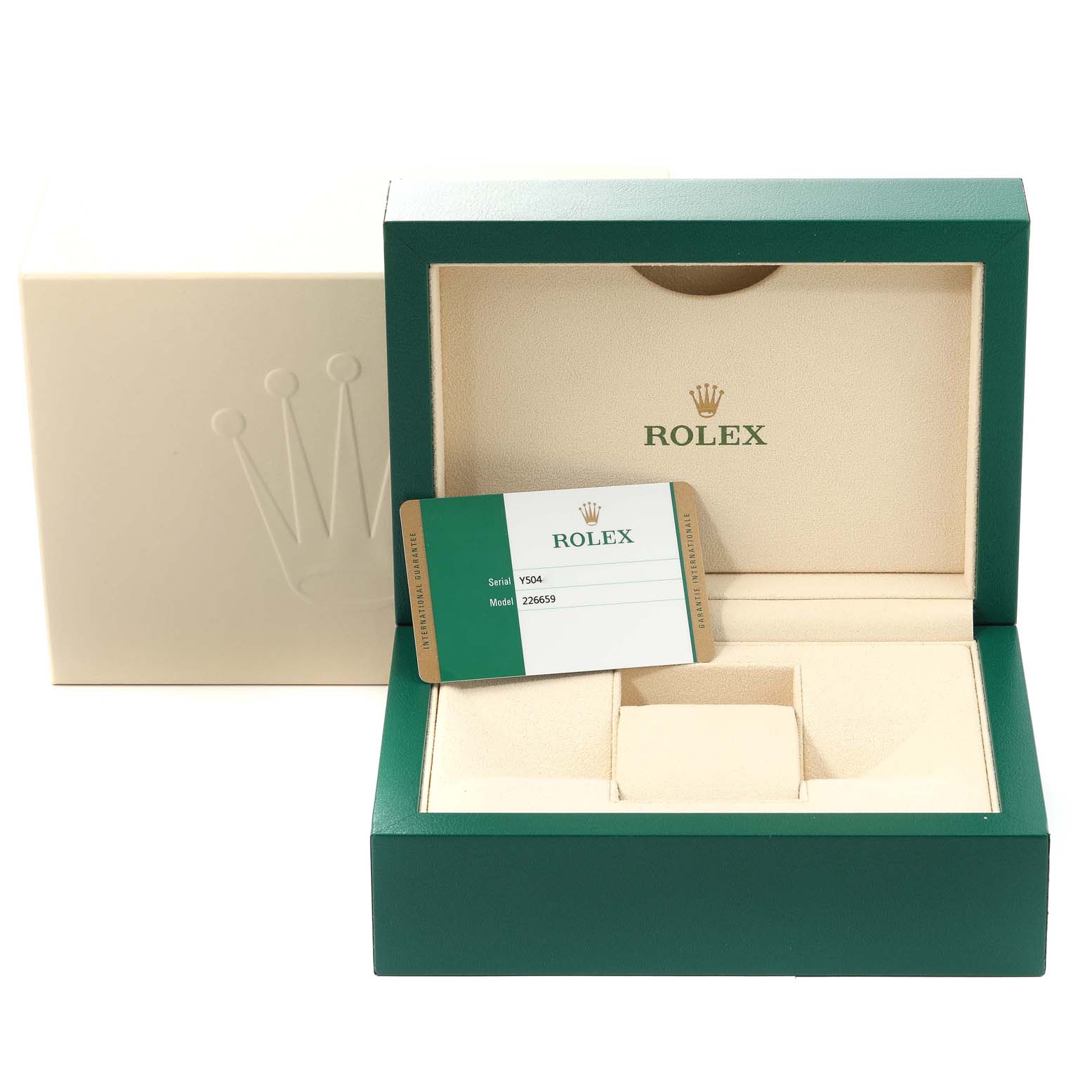 This image shows a Rolex Yacht-Master 226659 Men's White Gold Black Dial 226659 Men's White Gold Black Dial watch box, including the warranty card, displayed from the front angle.