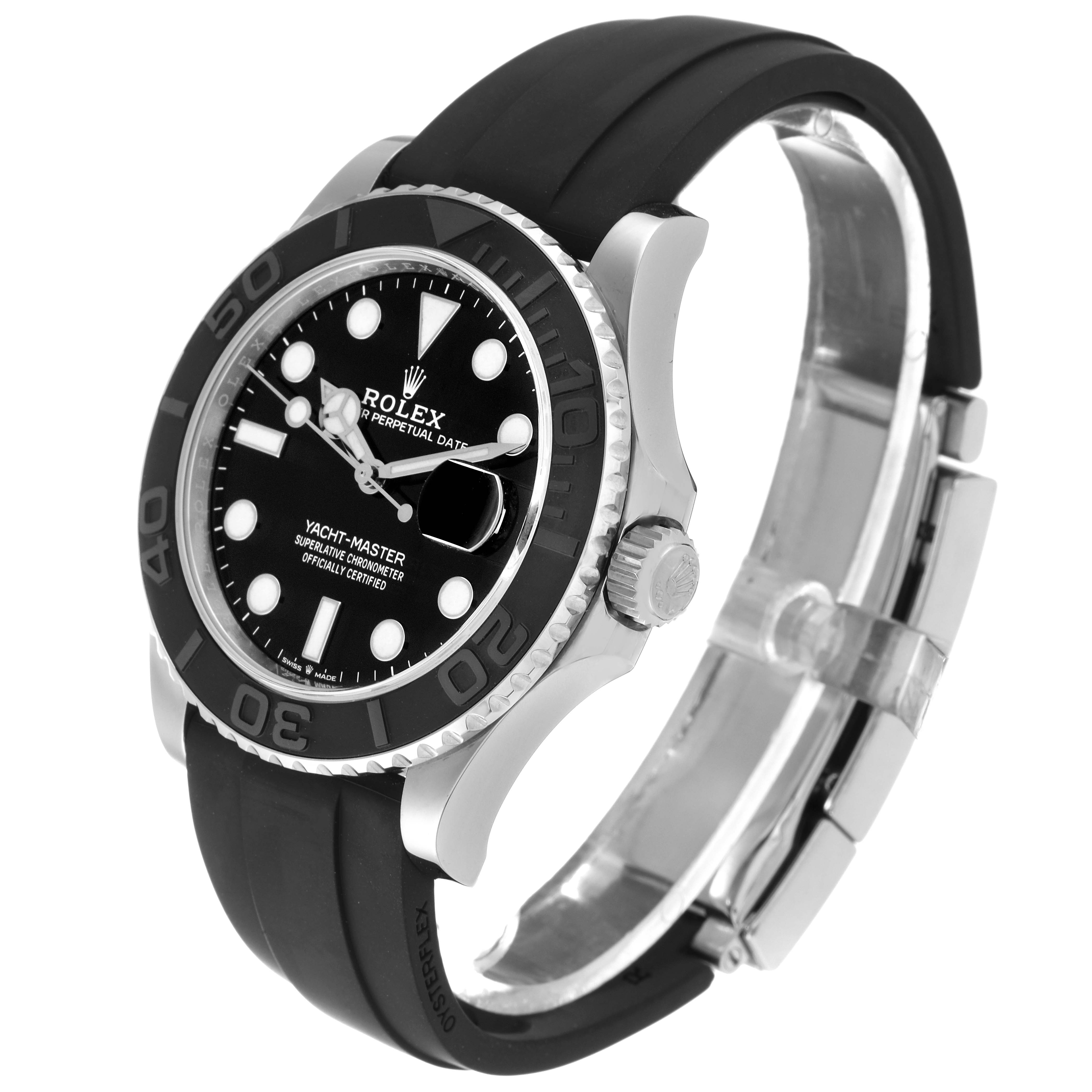 The Rolex Yacht-Master 226659 Men's White Gold Black Dial 226659 Men's White Gold Black Dial watch is shown at an angled side view, highlighting its dial, bezel, case, and strap.