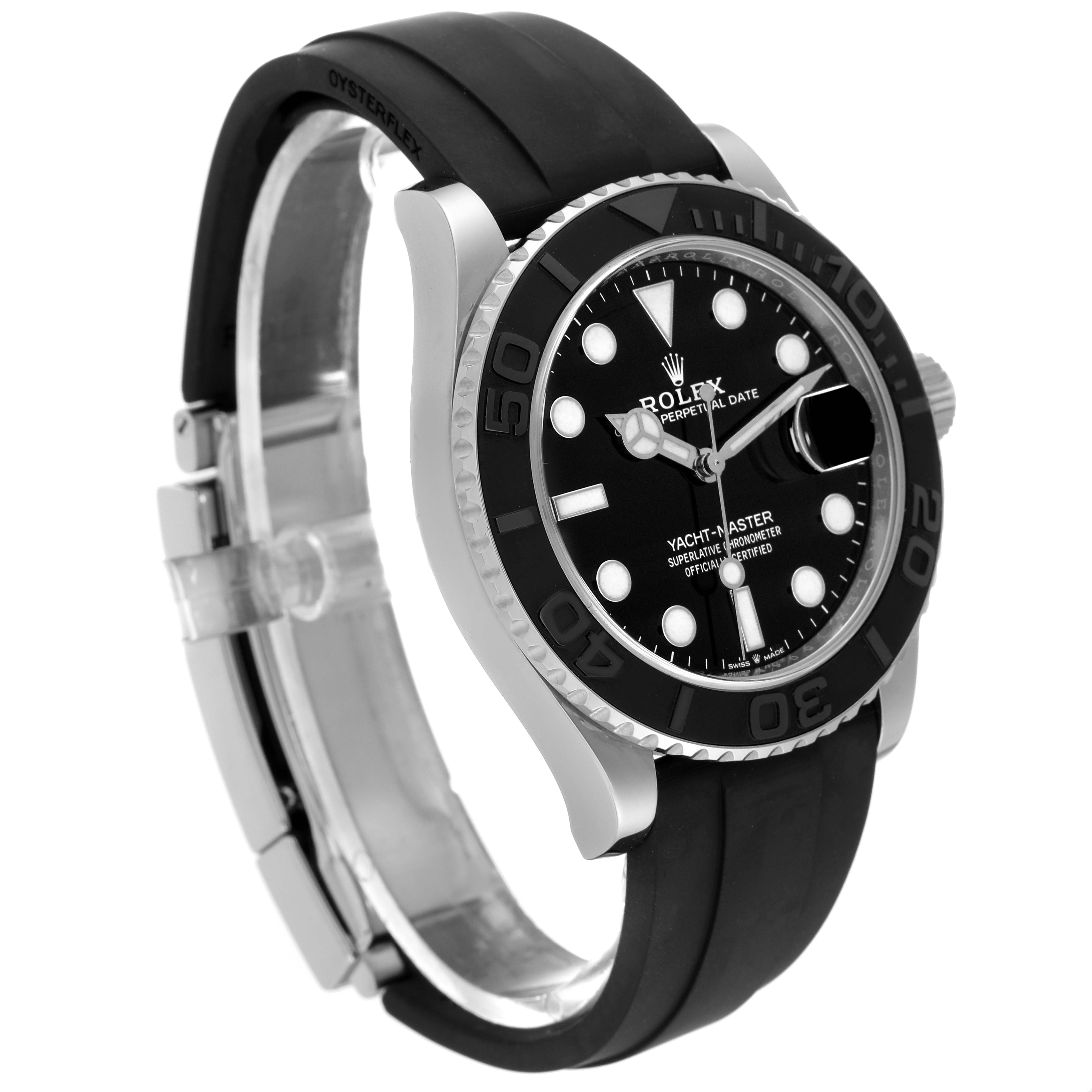 The image shows a side view angle of a Rolex Yacht-Master 226659 Men's White Gold Black Dial 226659 Men's White Gold Black Dial watch, highlighting its black dial, black bezel, and black rubber strap.
