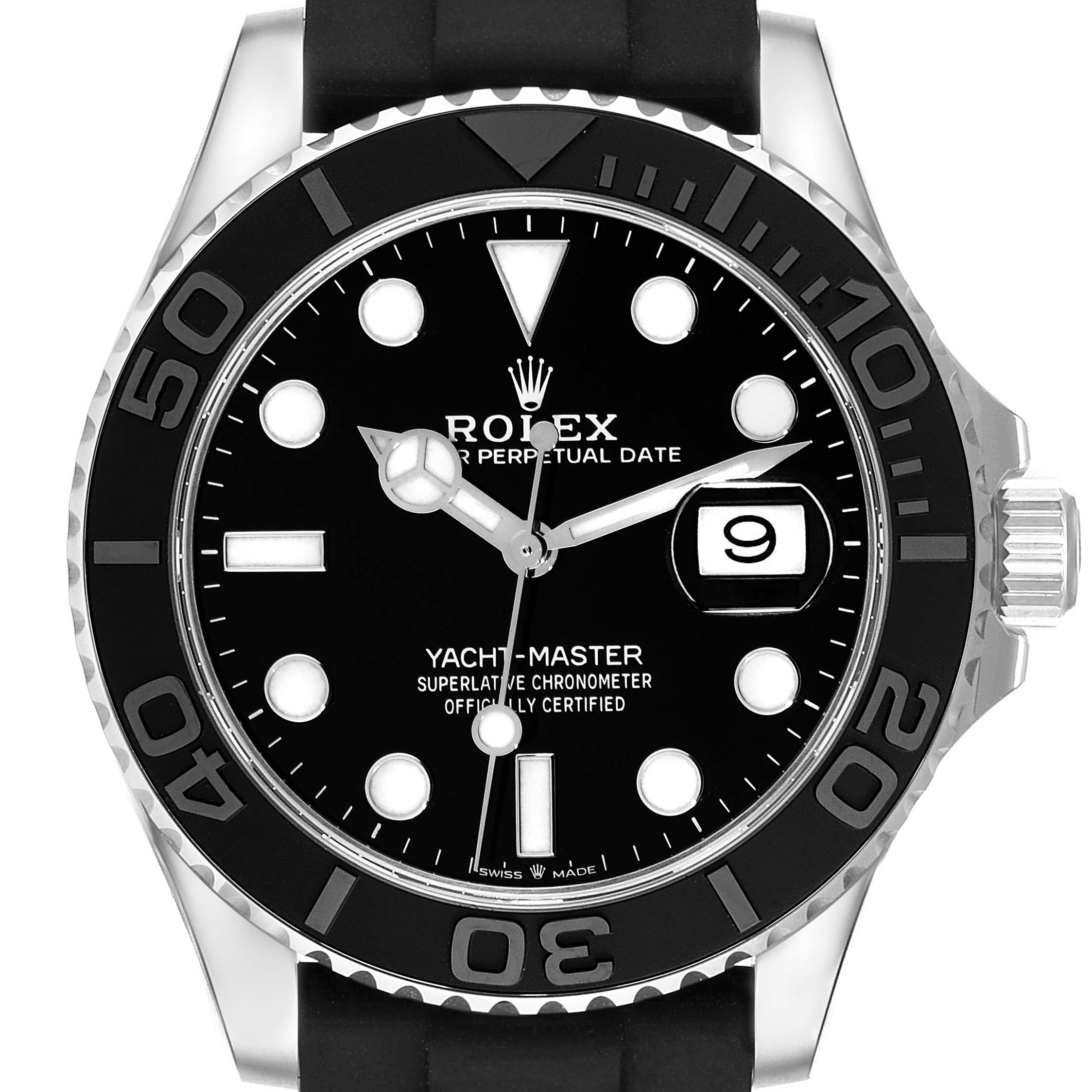 The image shows the front view of the Rolex Yacht-Master 226659 Men's White Gold Black Dial 226659 Men's White Gold Black Dial, highlighting the dial, bezel, and crown.