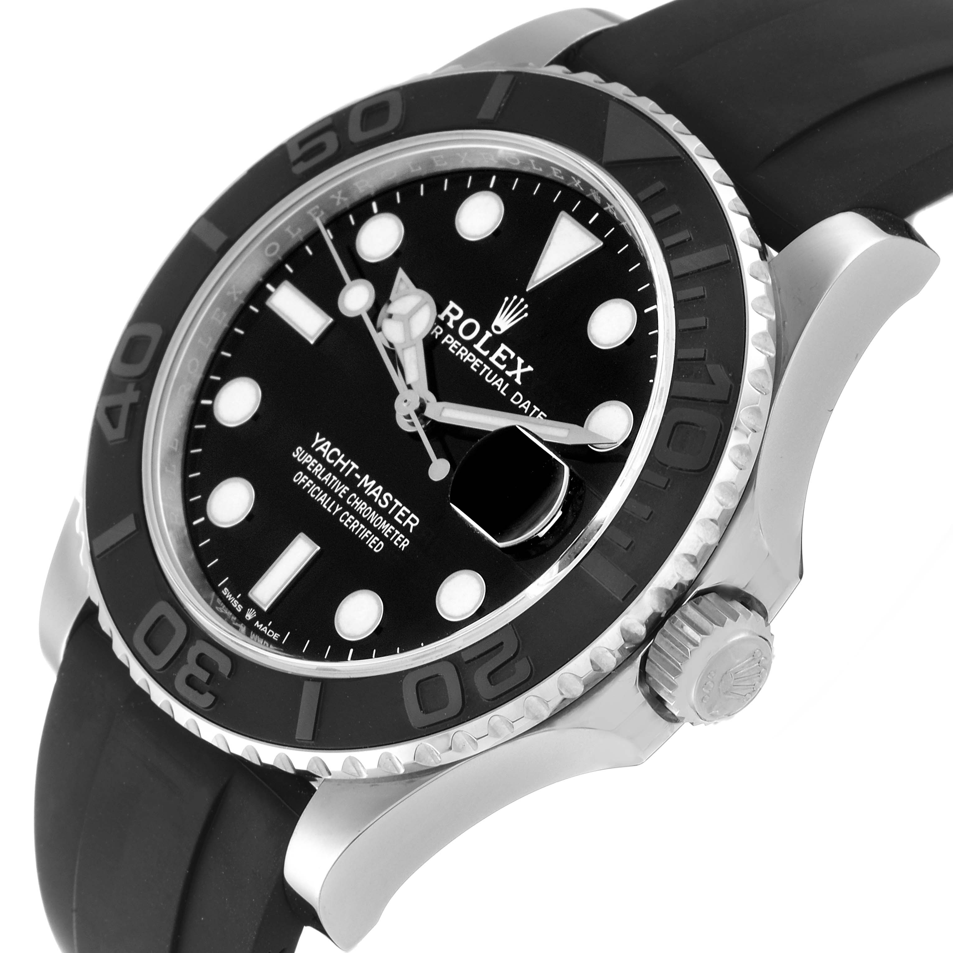 The image shows the face, bezel, crown, and strap of the Rolex Yacht-Master 226659 Men's White Gold Black Dial 226659 Men's White Gold Black Dial watch at a slight side angle.