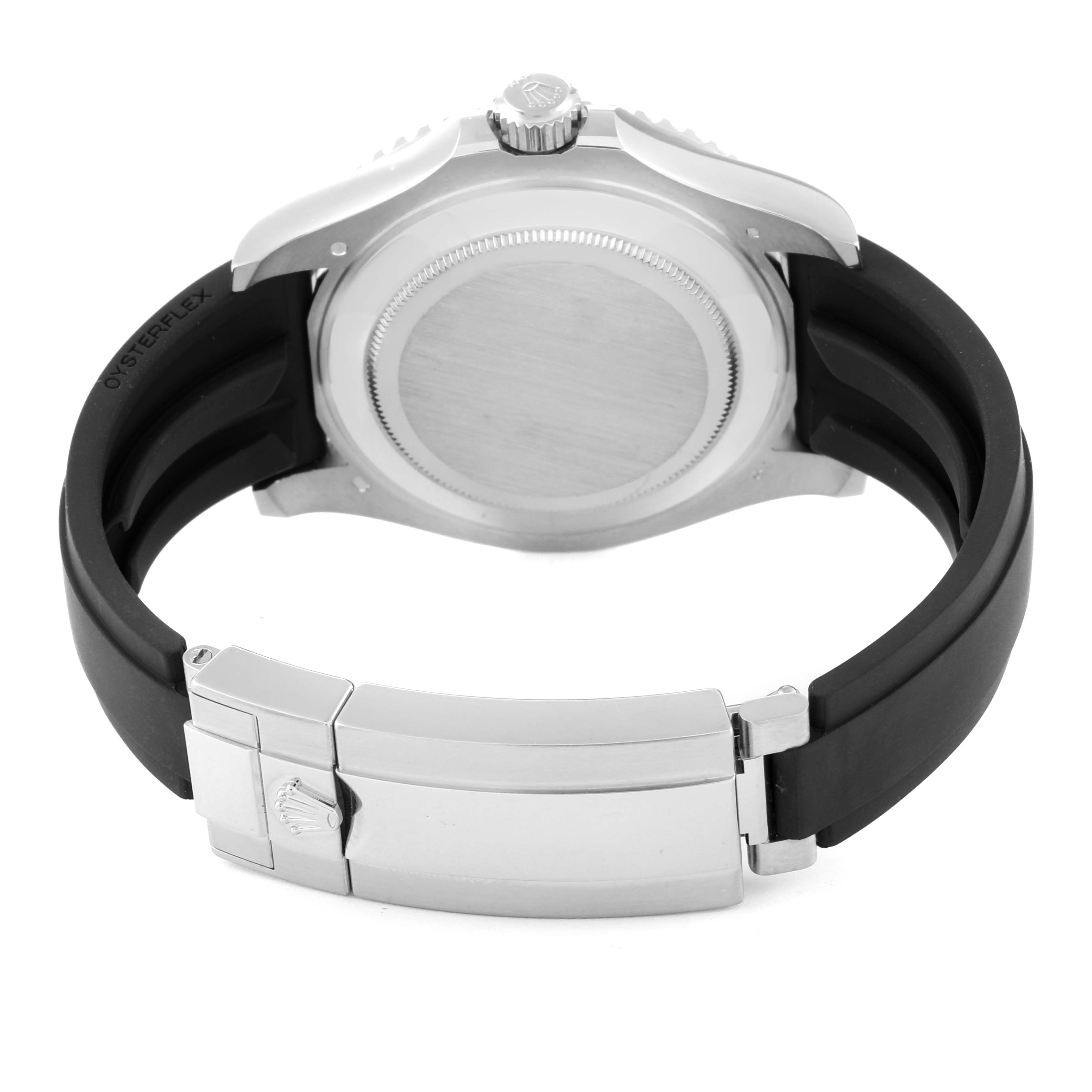 The image shows the back view of a Rolex Yacht-Master 226659 Men's White Gold Black Dial 226659 Men's White Gold Black Dial watch, highlighting the case back, crown, and clasp of the black rubber strap.