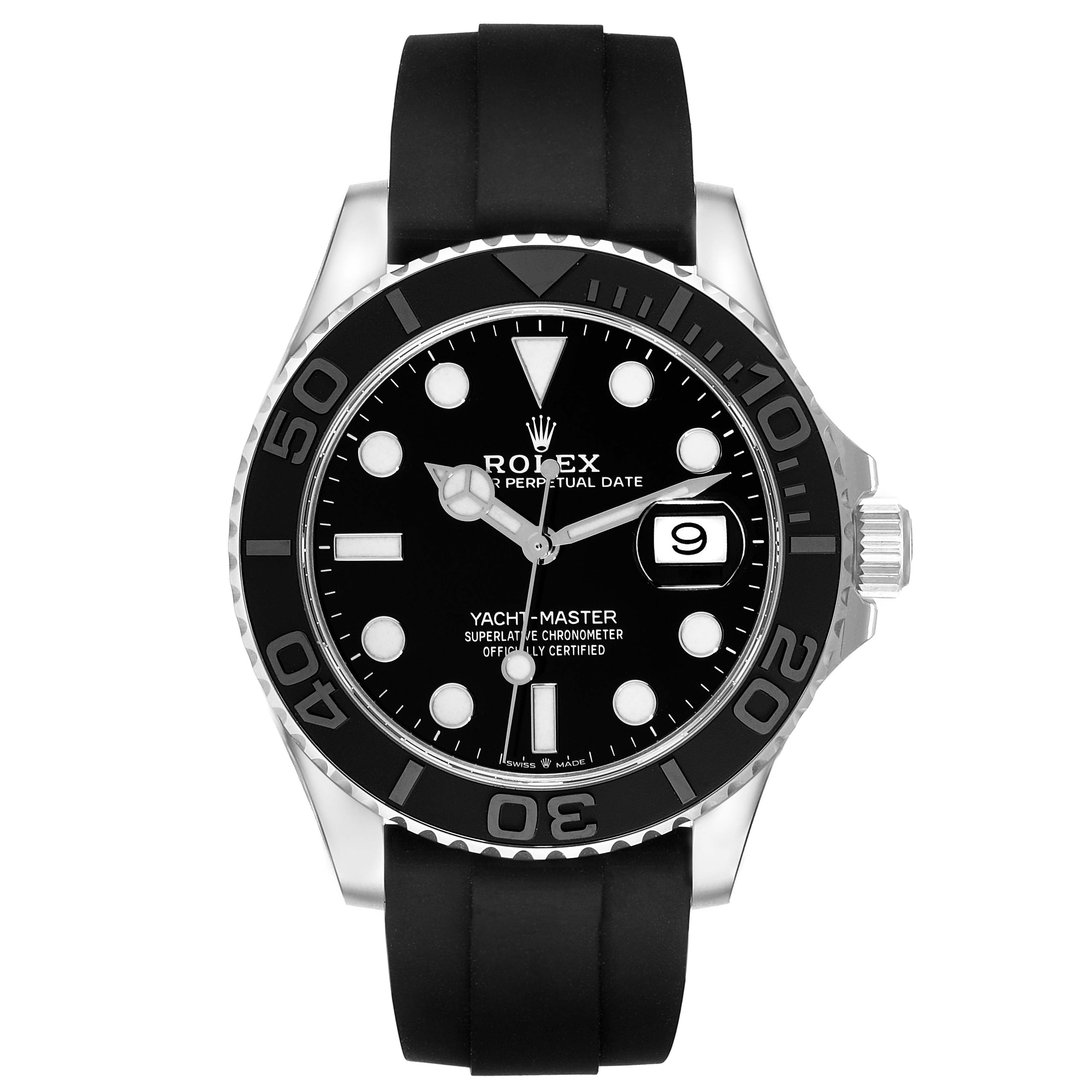 The Rolex Yacht-Master 226659 Men's White Gold Black Dial 226659 Men's White Gold Black Dial watch is shown from a front angle, displaying its dial, bezel, hands, and strap.