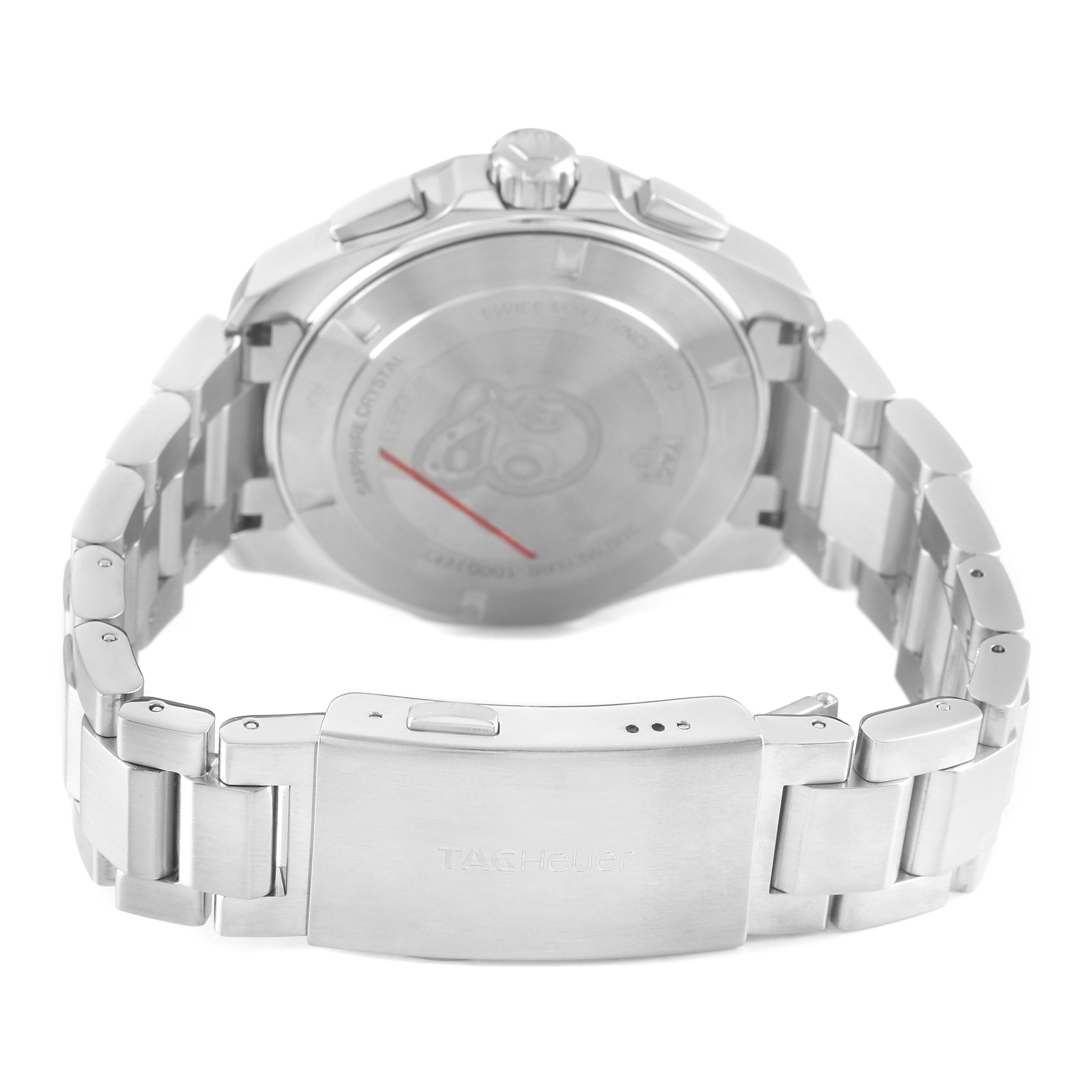 The image shows the back view of a Tag Heuer Aquaracer CAY111B.BA0927 Men's Stainless Steel Blue Dial watch, highlighting the clasp and links of the bracelet.