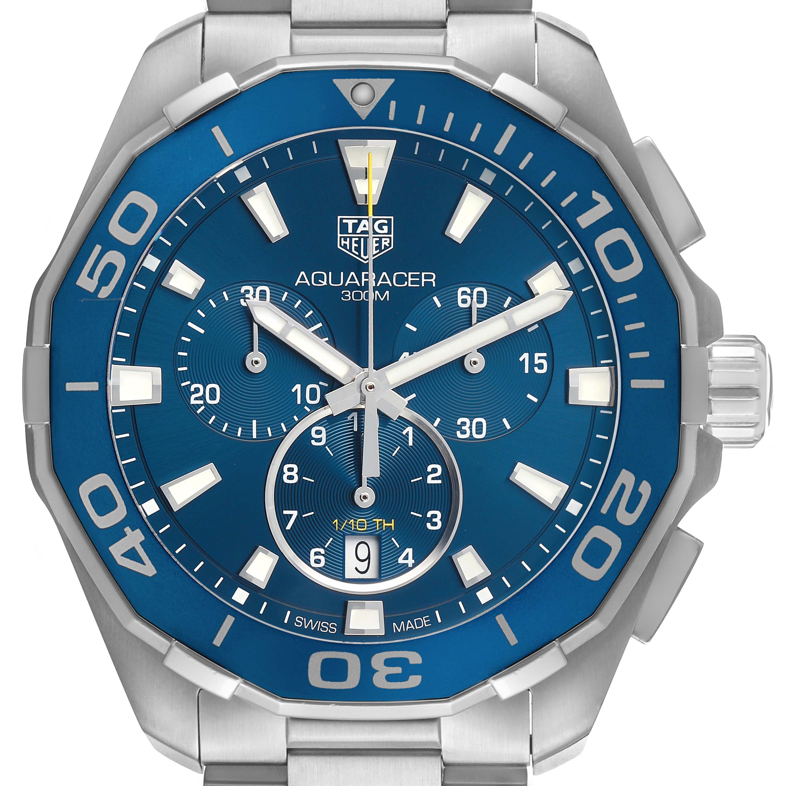 The Tag Heuer Aquaracer CAY111B.BA0927 Men's Stainless Steel Blue Dial watch is shown from a front angle, displaying its blue dial, bezel, and subdials.