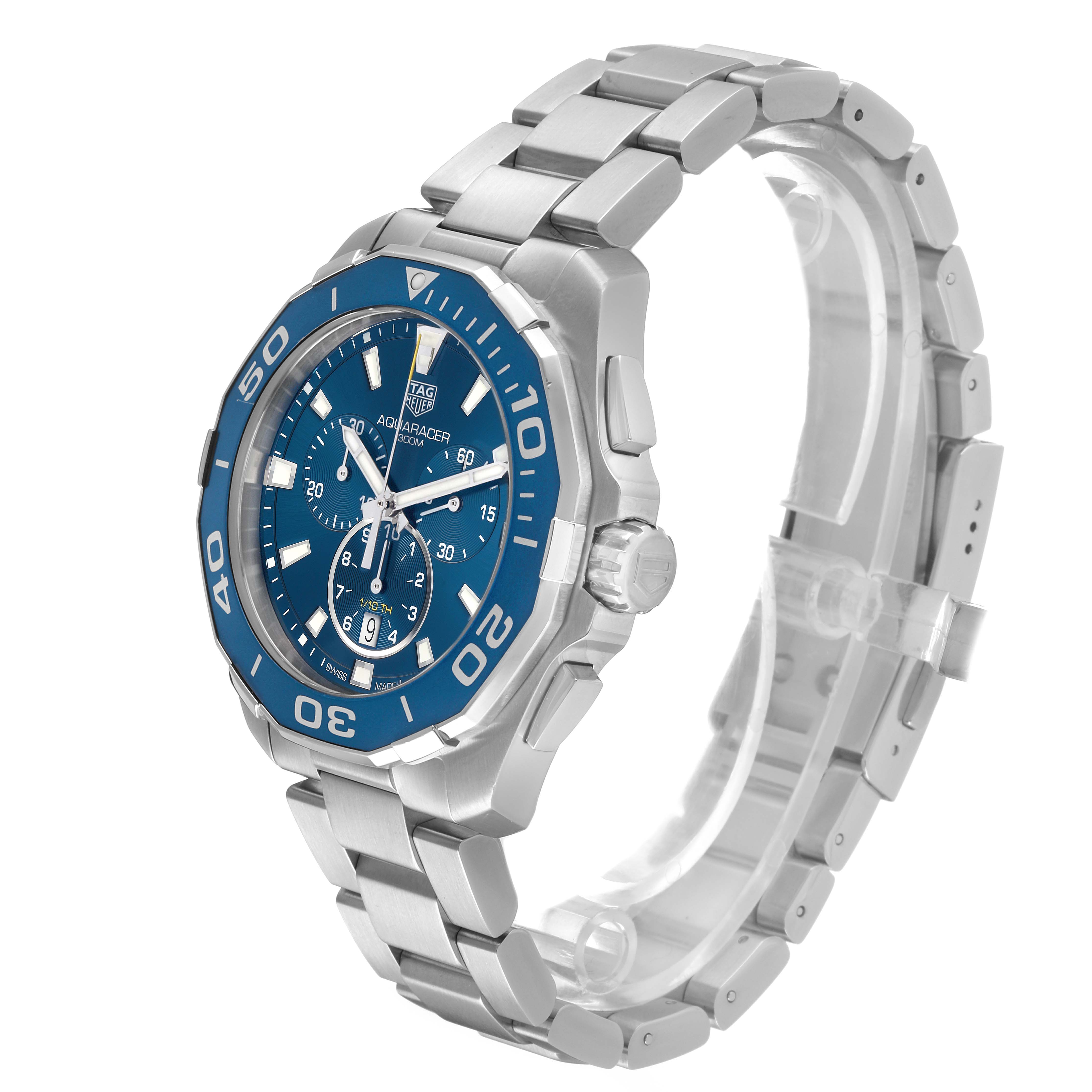 The Tag Heuer Aquaracer CAY111B.BA0927 Men's Stainless Steel Blue Dial watch is shown at a three-quarter angle, highlighting the bracelet, bezel, and dial.