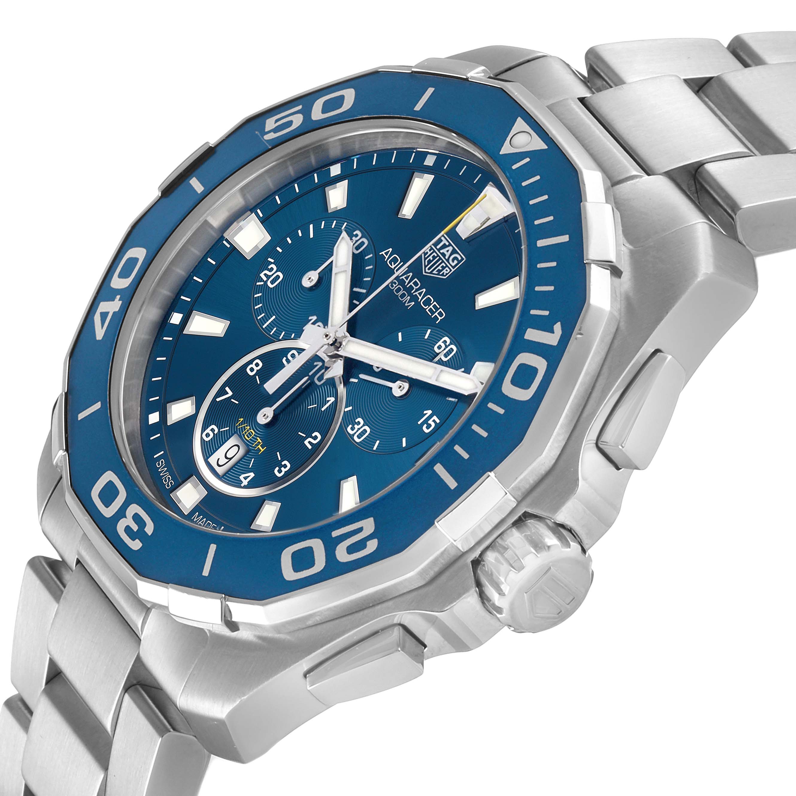 The Tag Heuer Aquaracer CAY111B.BA0927 Men's Stainless Steel Blue Dial watch is shown from a side angle, highlighting the bezel, dial, crown, and metal bracelet.