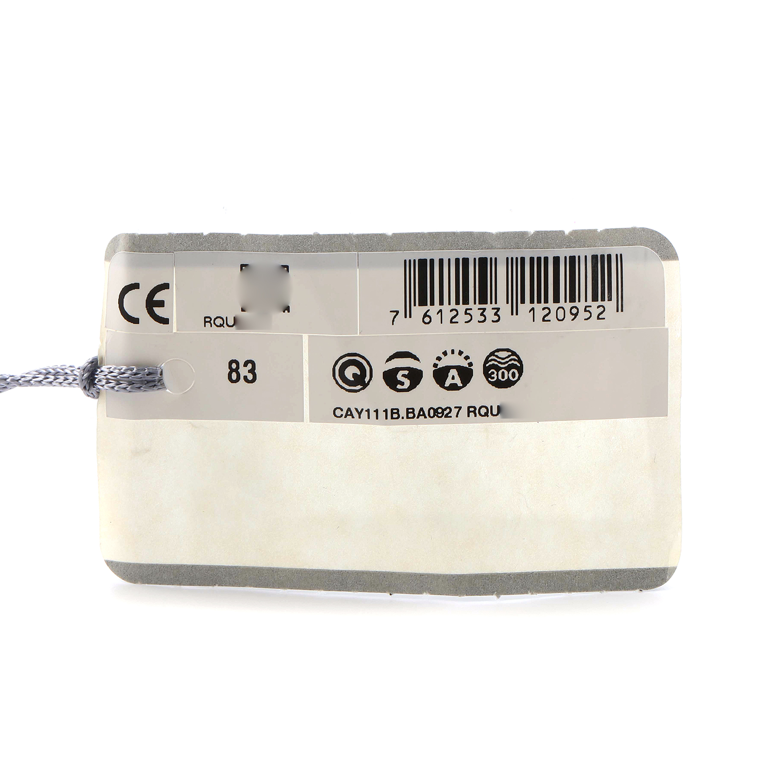 The image shows a Tag Heuer Aquaracer CAY111B.BA0927 Men's Stainless Steel Blue Dial model tag with a barcode and product information, attached by a string.