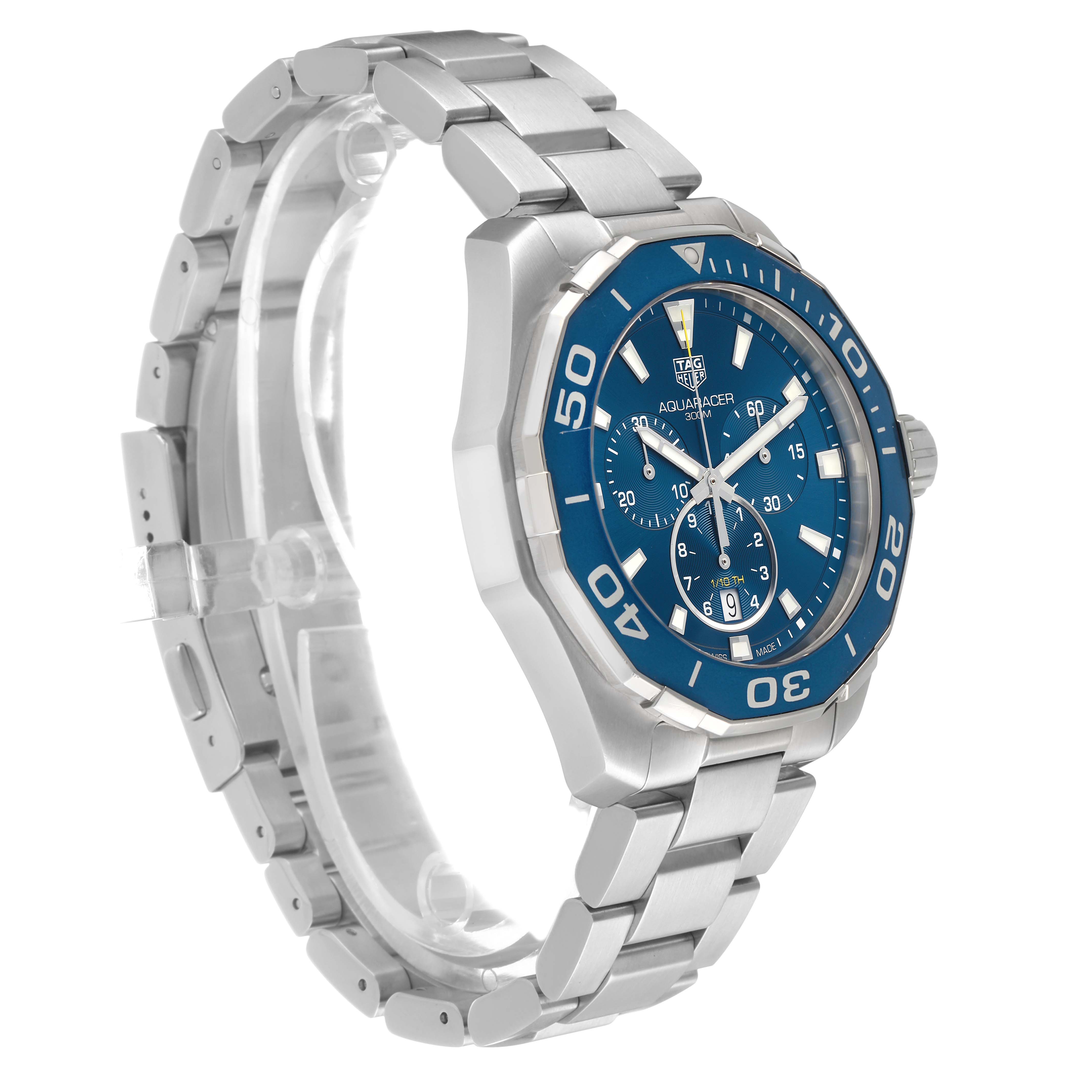 The Tag Heuer Aquaracer CAY111B.BA0927 Men's Stainless Steel Blue Dial watch is shown at a slight angle, highlighting the blue bezel, dial, and metal bracelet.