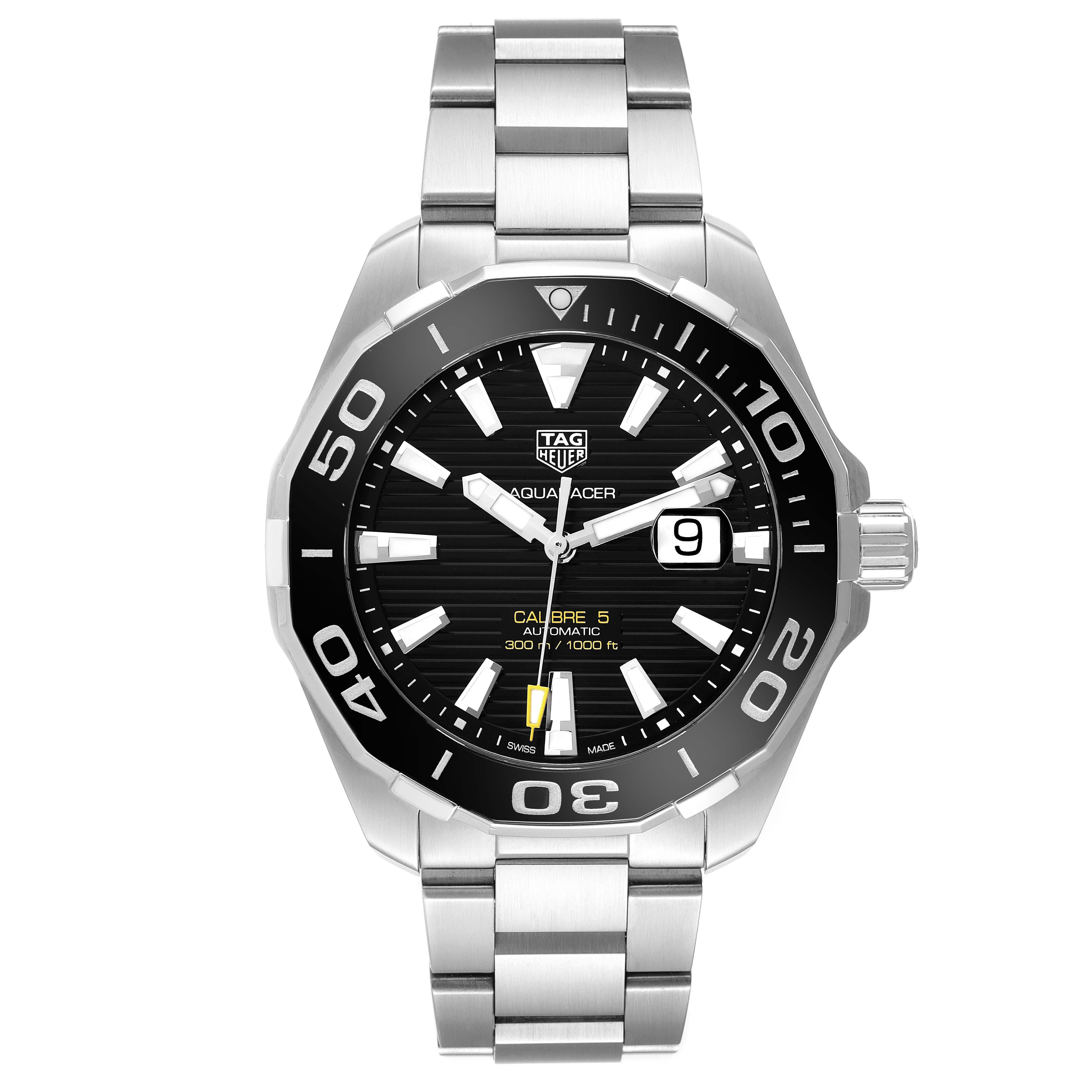 The image shows a front view of the Tag Heuer Aquaracer WAY201A.BA0927 Men's Stainless Steel Black Dial WAY201A.BA0927 Men's Stainless Steel Black Dial Calibre 5 watch, featuring a stainless steel bracelet and a black dial with date display.
