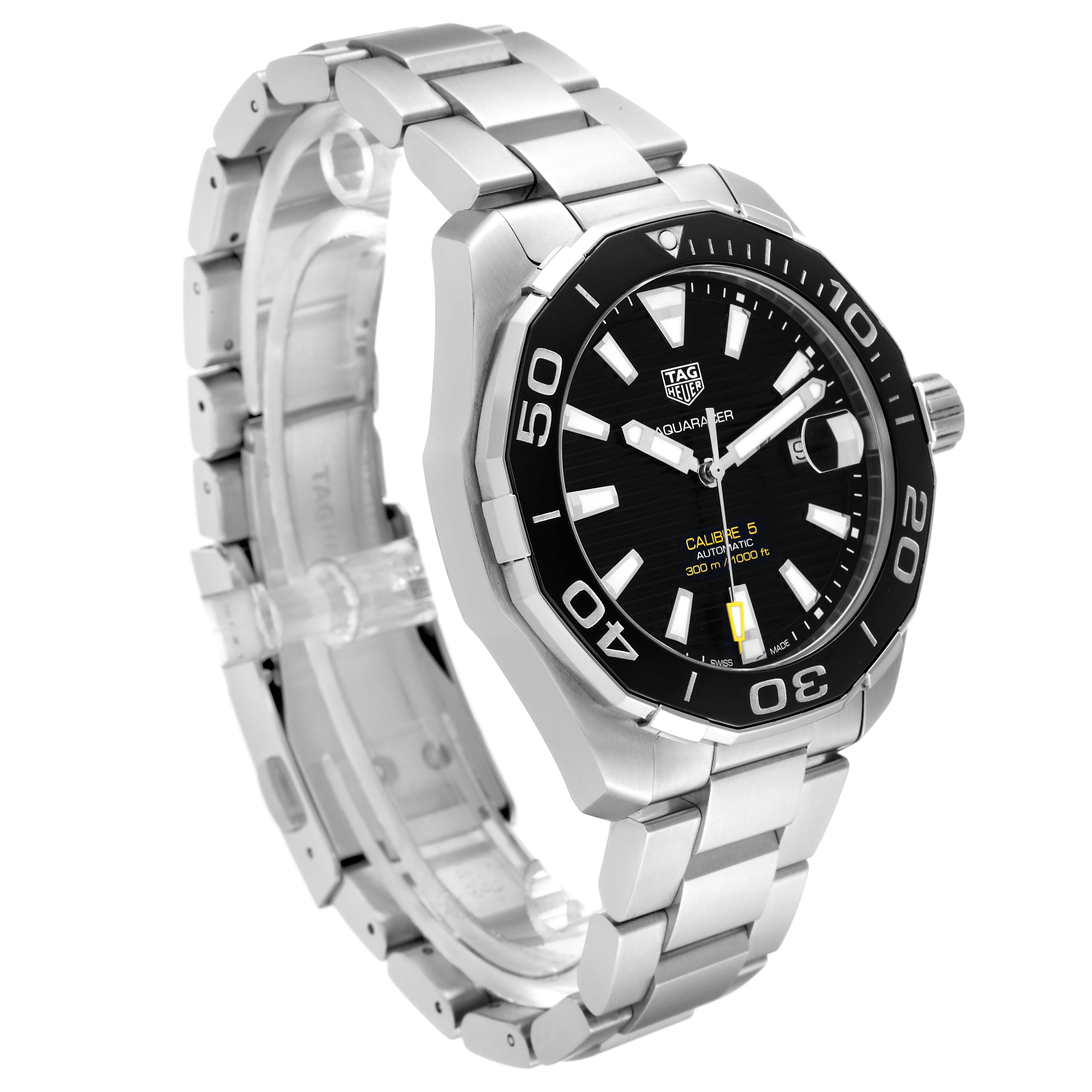The image shows a front-left angle of the Tag Heuer Aquaracer WAY201A.BA0927 Men's Stainless Steel Black Dial WAY201A.BA0927 Men's Stainless Steel Black Dial watch, highlighting the face, bezel, crown, and bracelet.