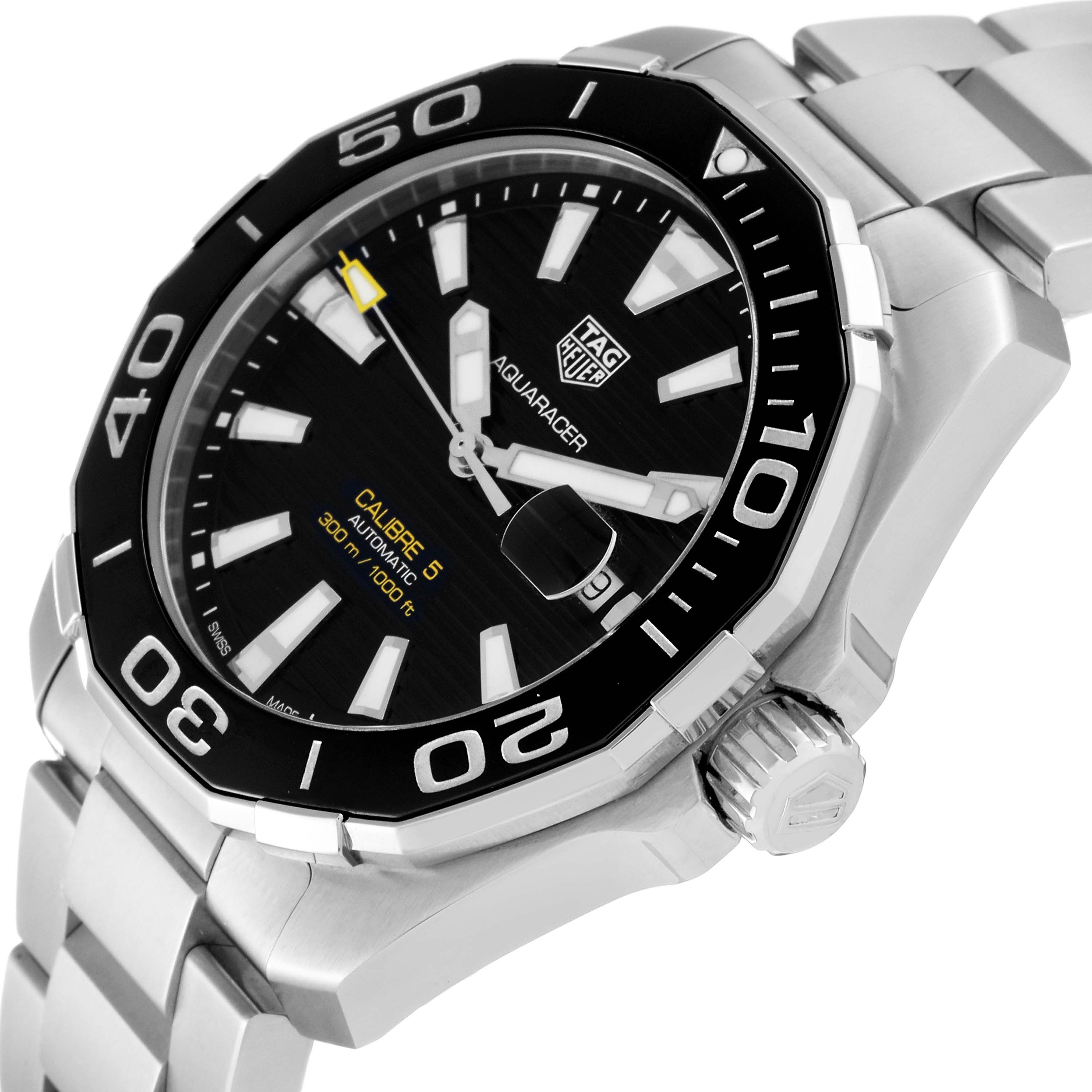 The image shows a Tag Heuer Aquaracer WAY201A.BA0927 Men's Stainless Steel Black Dial WAY201A.BA0927 Men's Stainless Steel Black Dial watch at an angled side view, highlighting the dial, bezel, crown, and bracelet.
