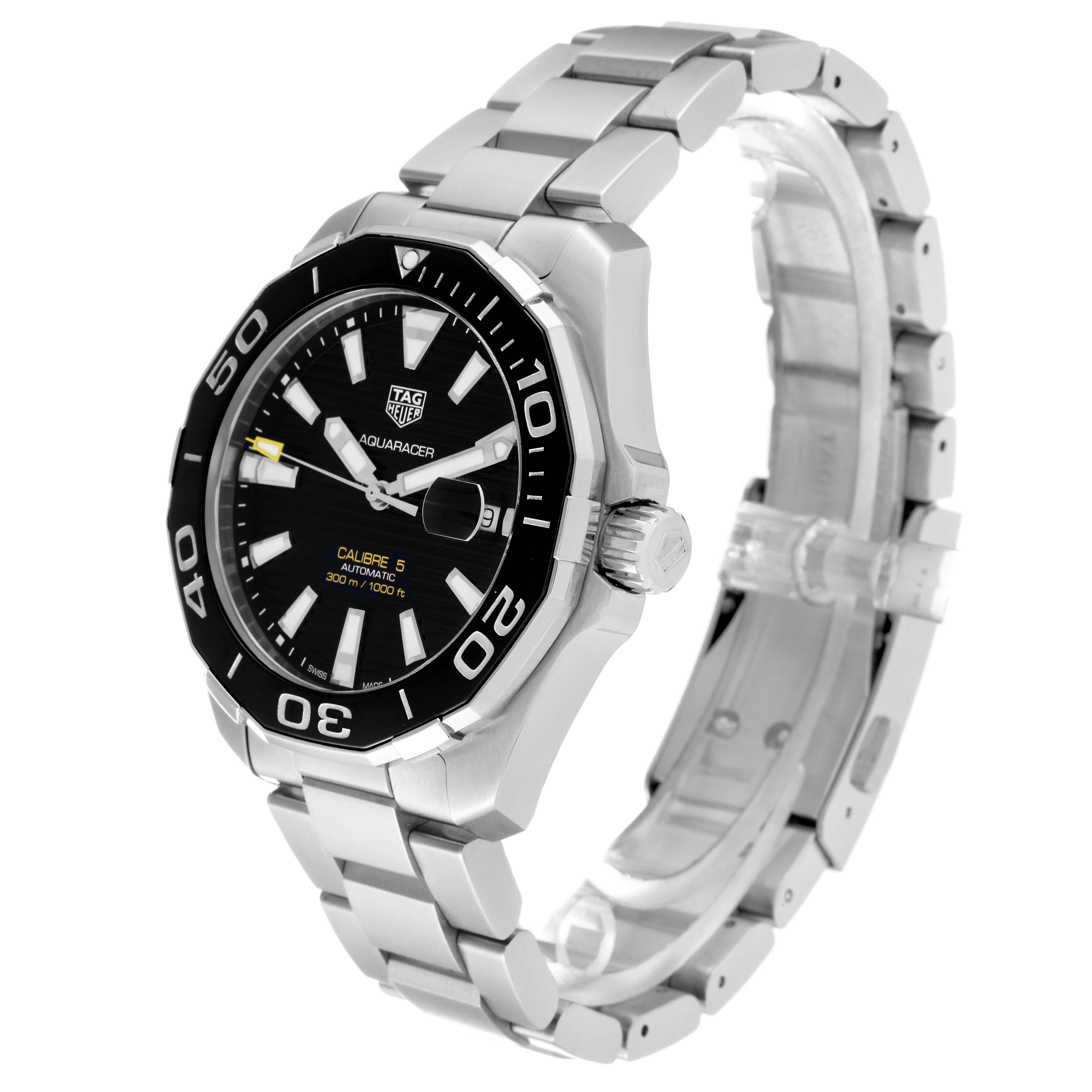 This image shows a side angle view of the Tag Heuer Aquaracer WAY201A.BA0927 Men's Stainless Steel Black Dial WAY201A.BA0927 Men's Stainless Steel Black Dial watch, highlighting its face, bezel, and metal bracelet.