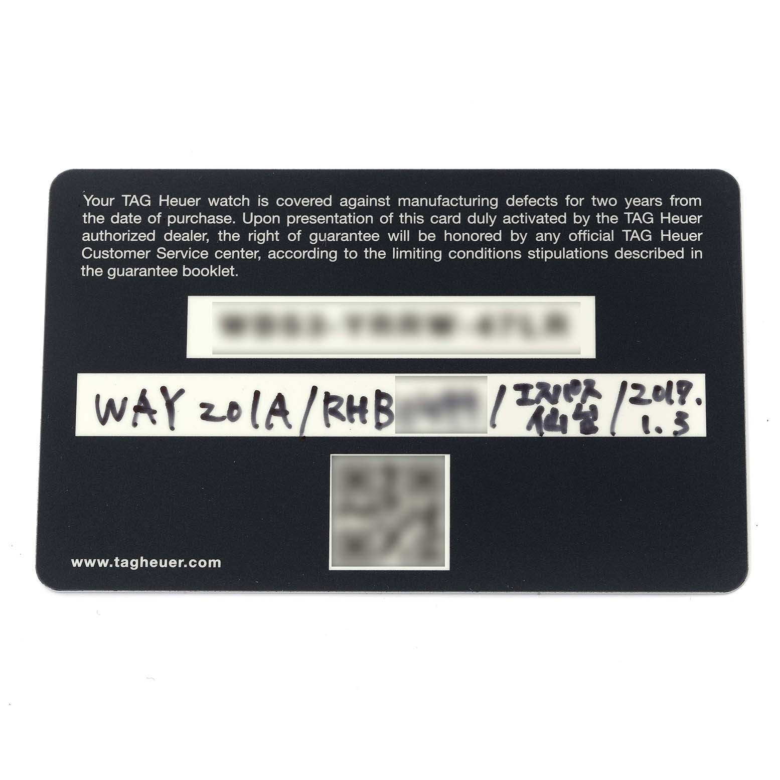 This image shows the warranty card for the Tag Heuer Aquaracer WAY201A.BA0927 Men's Stainless Steel Black Dial WAY201A.BA0927 Men's Stainless Steel Black Dial model, displaying handwritten details.