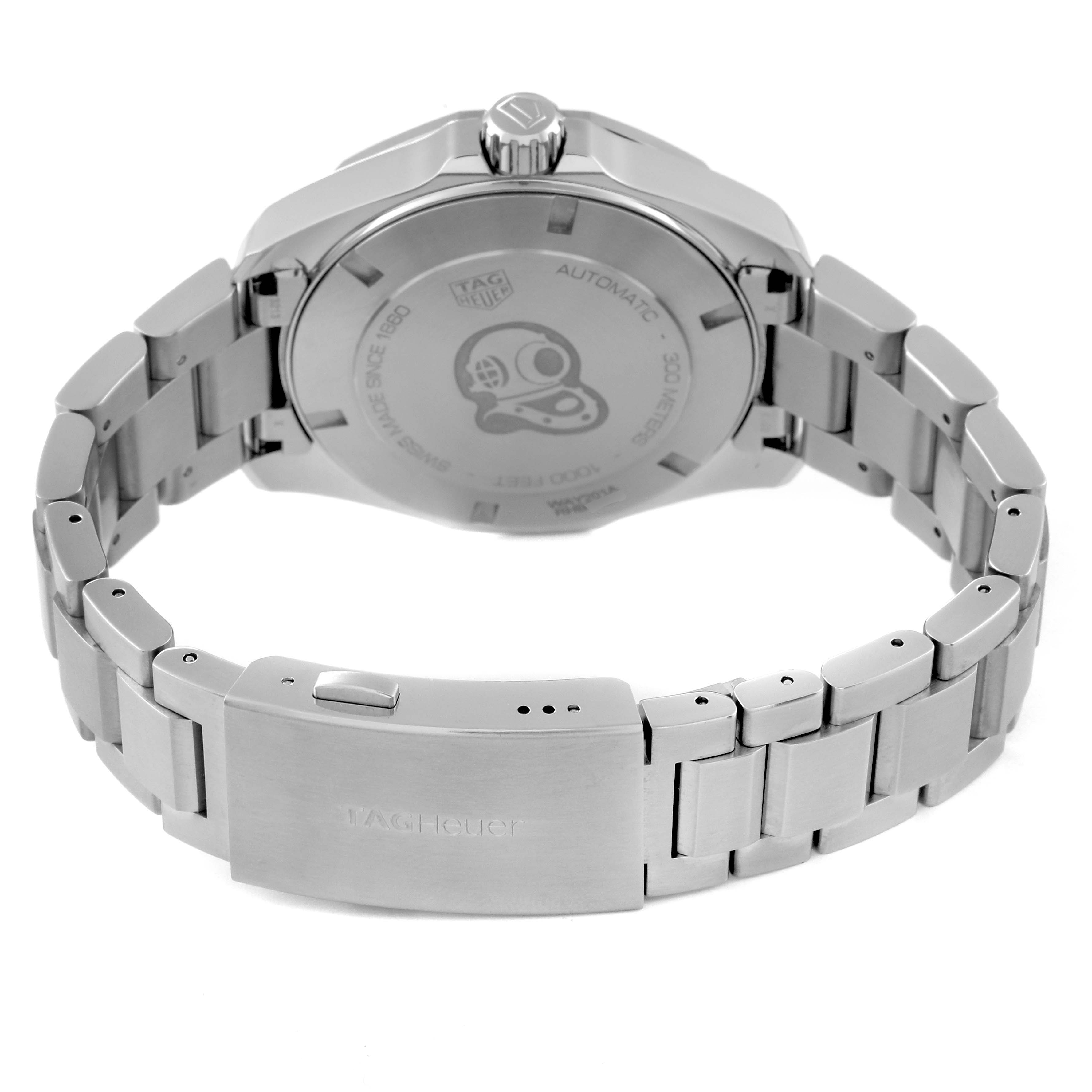 The image shows the back view of a Tag Heuer Aquaracer WAY201A.BA0927 Men's Stainless Steel Black Dial WAY201A.BA0927 Men's Stainless Steel Black Dial watch, highlighting its stainless steel case back and bracelet with the clasp.