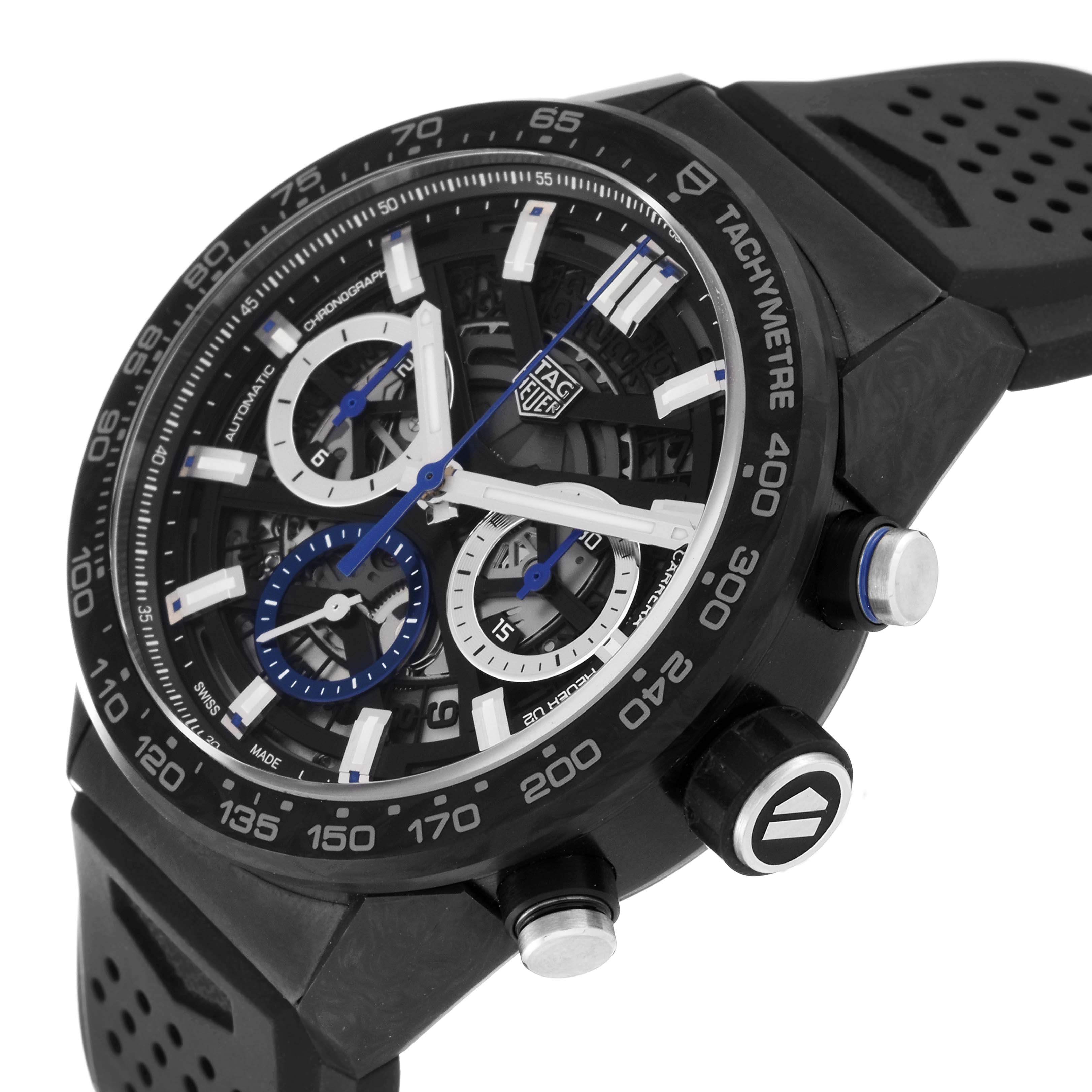 The image shows a close-up angle of the face and side buttons of a Tag Heuer Carrera watch.