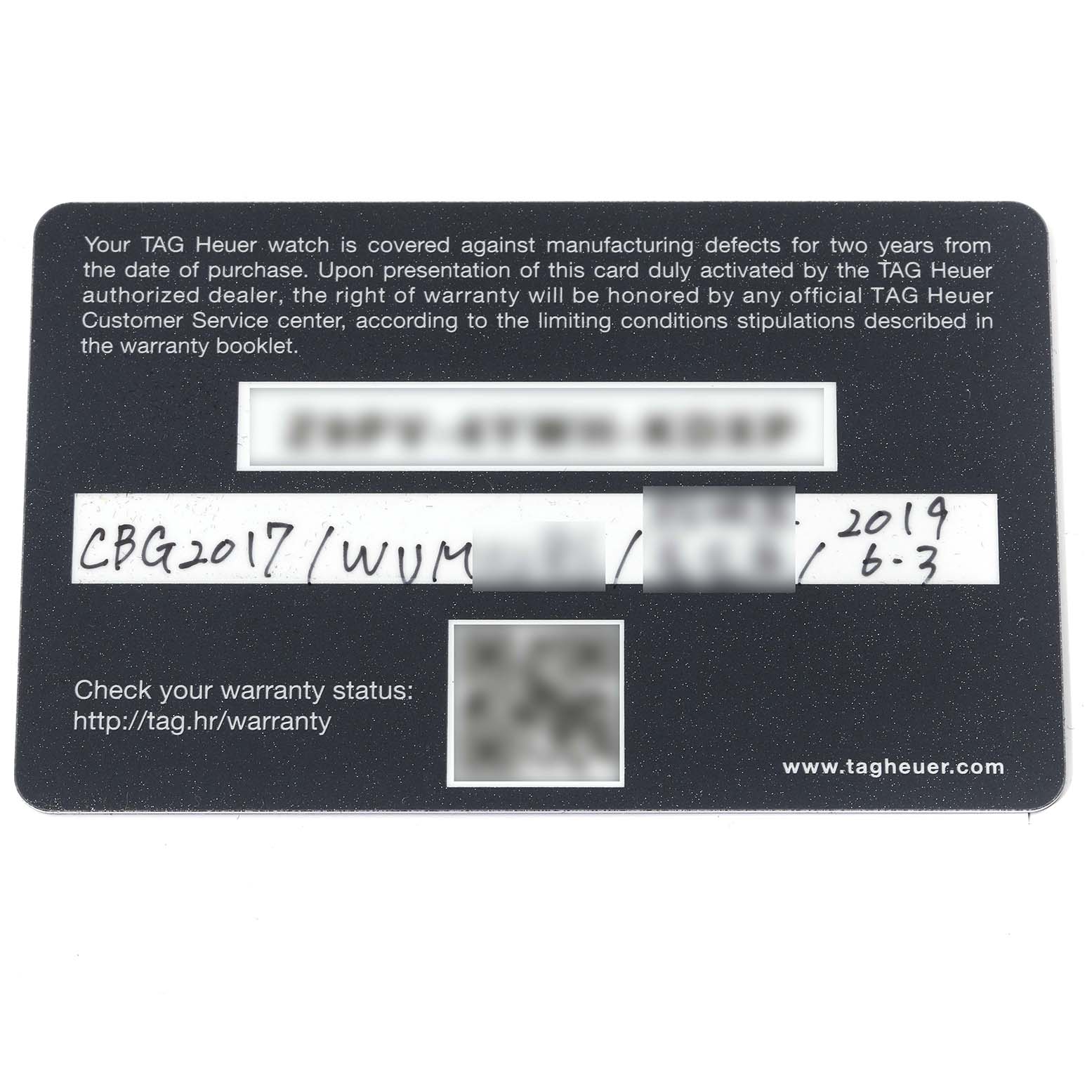 This image shows a warranty card for the Carrera model by Tag Heuer.