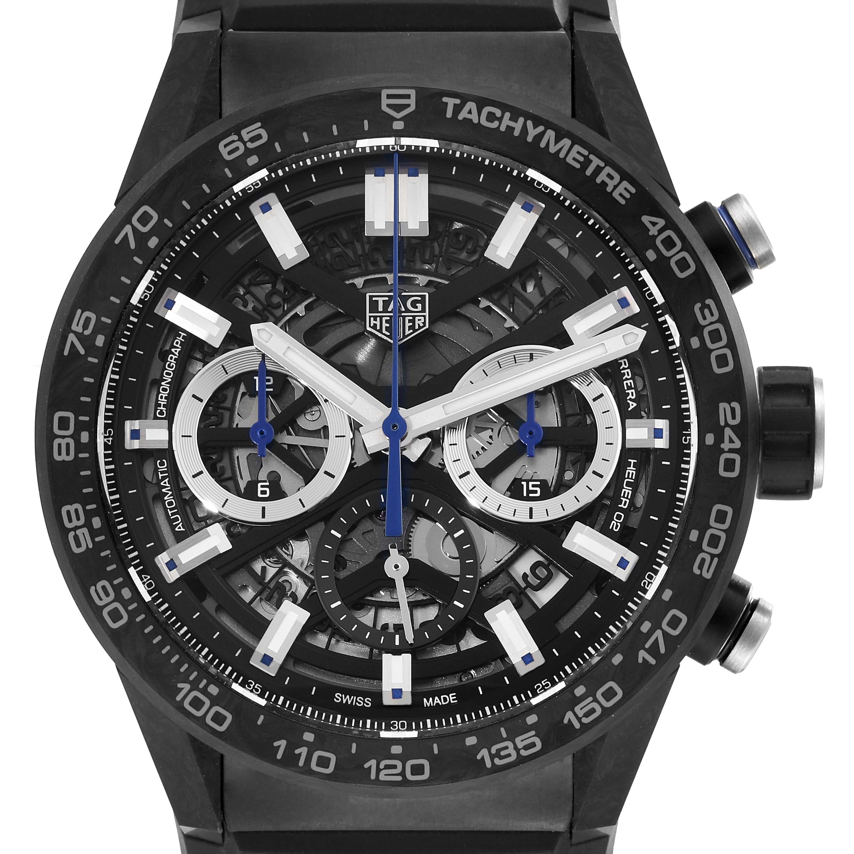 The image shows a frontal view of the Tag Heuer Carrera Limited Edition watch, highlighting the face, dials, and tachymeter bezel.